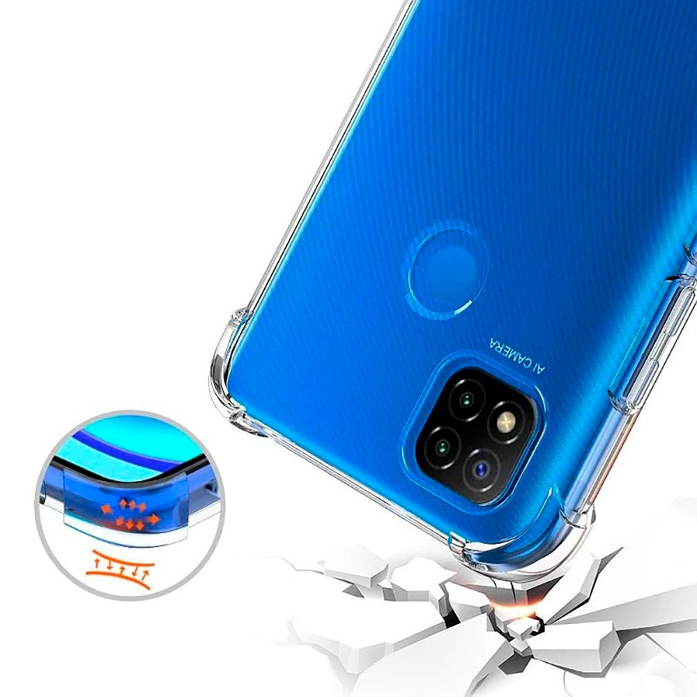 Teléfono inteligente azul en funda protectora transparente sobre suelo agrietado.