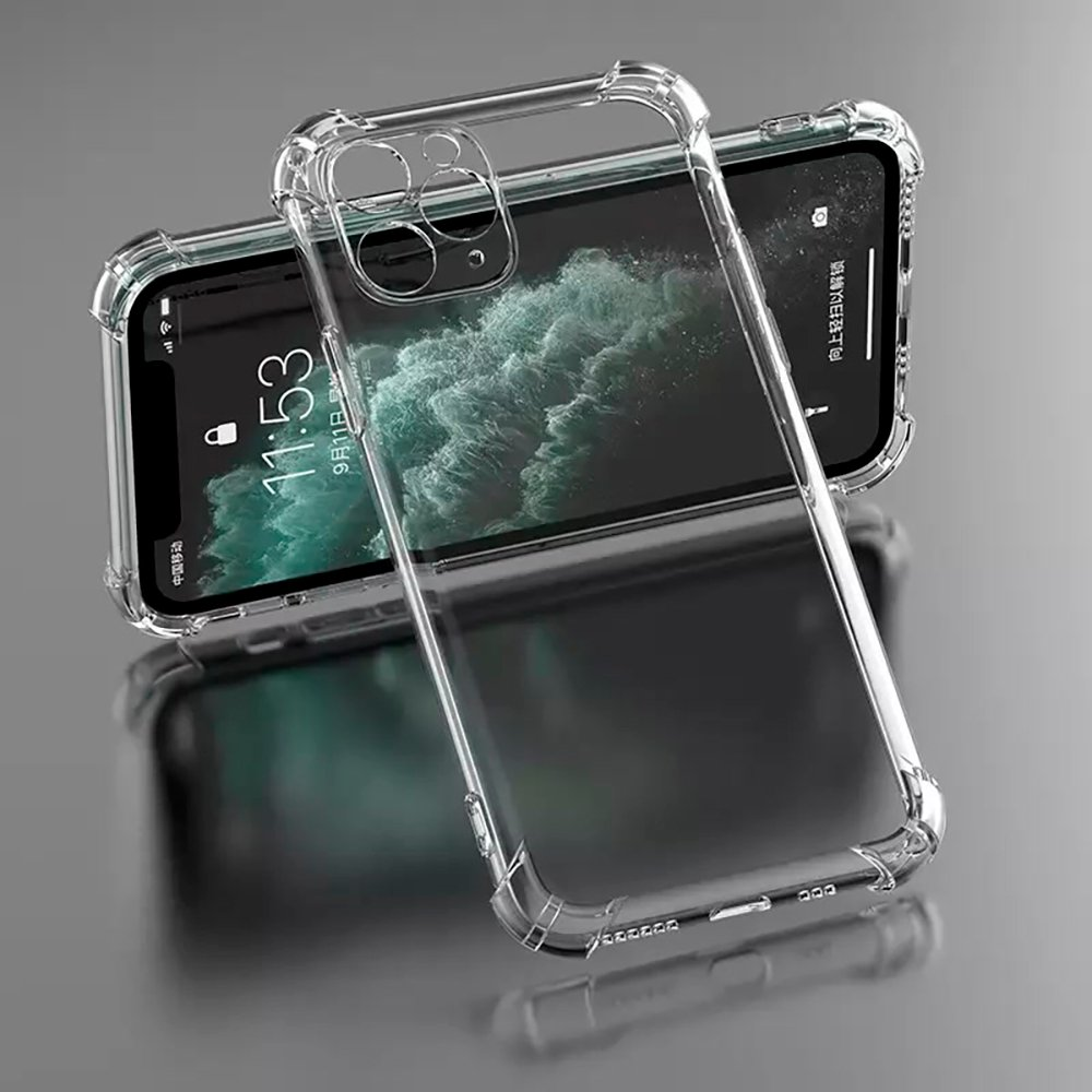 Dos fundas transparentes para teléfono están una al lado de la otra sobre una superficie reflectante.