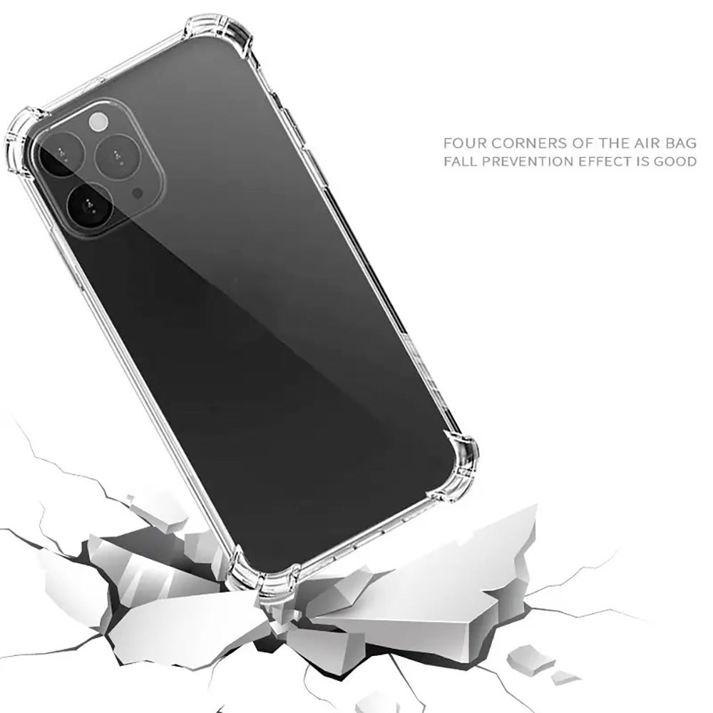 Funda de teléfono transparente con esquinas reforzadas cayendo sobre suelo roto.