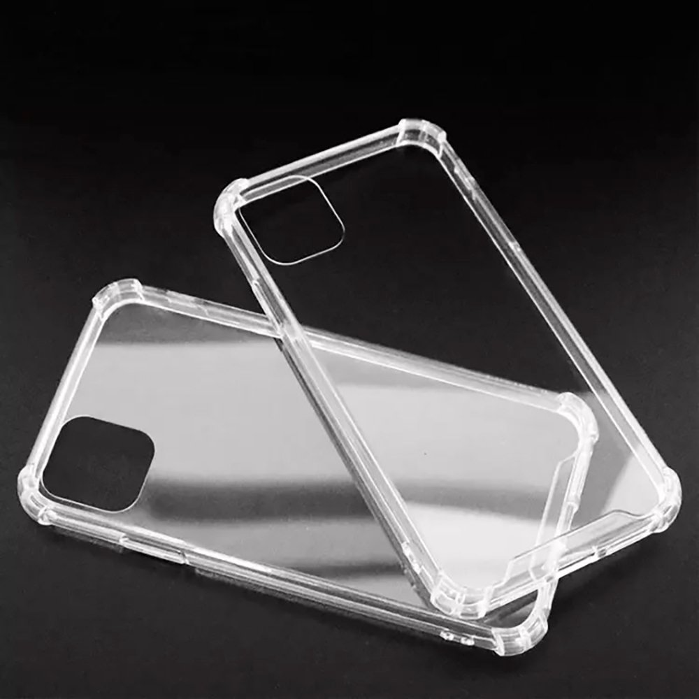 Dos fundas transparentes para teléfono yacen una al lado de la otra sobre fondo negro.