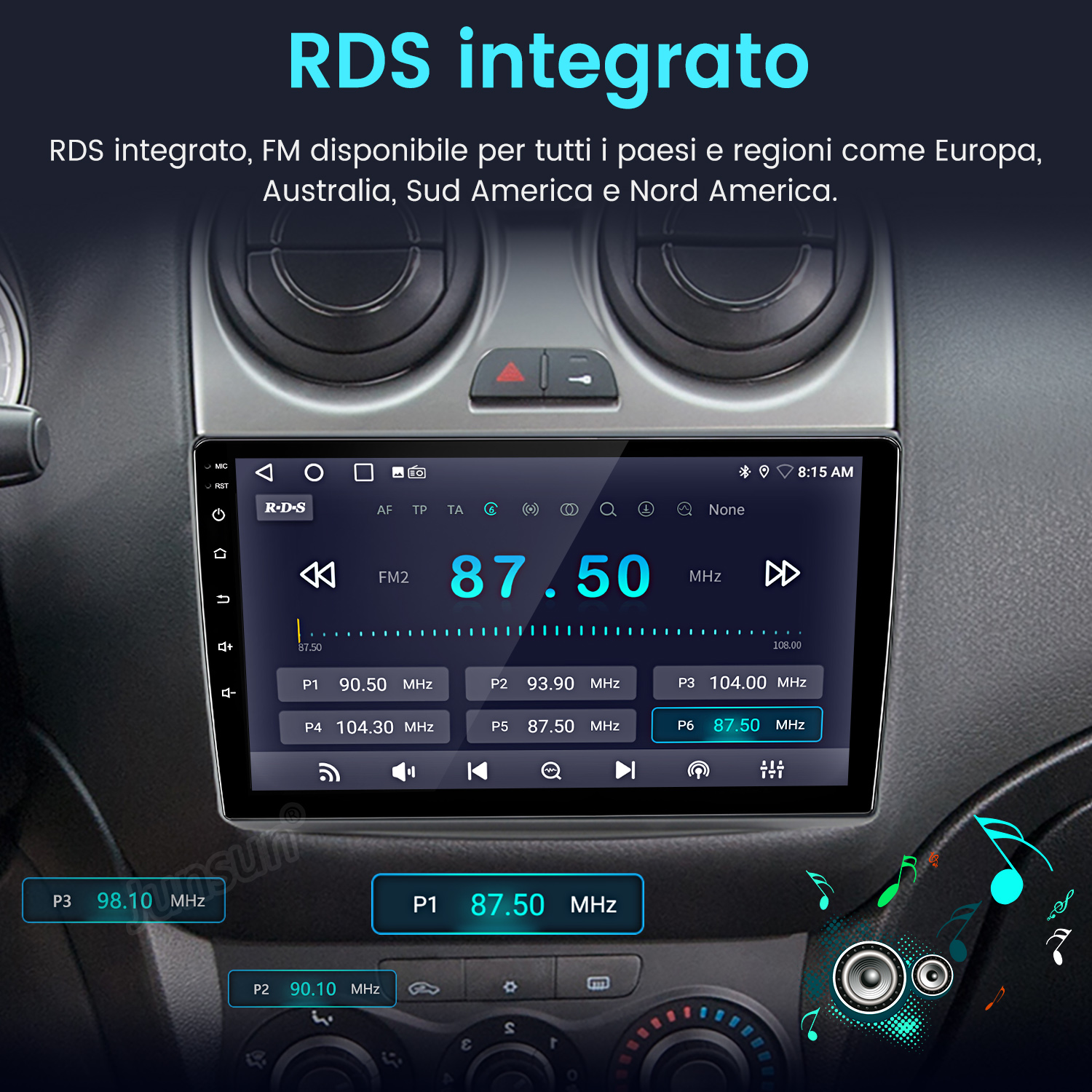Un display radio per auto mostra info RDS e stazioni radio.