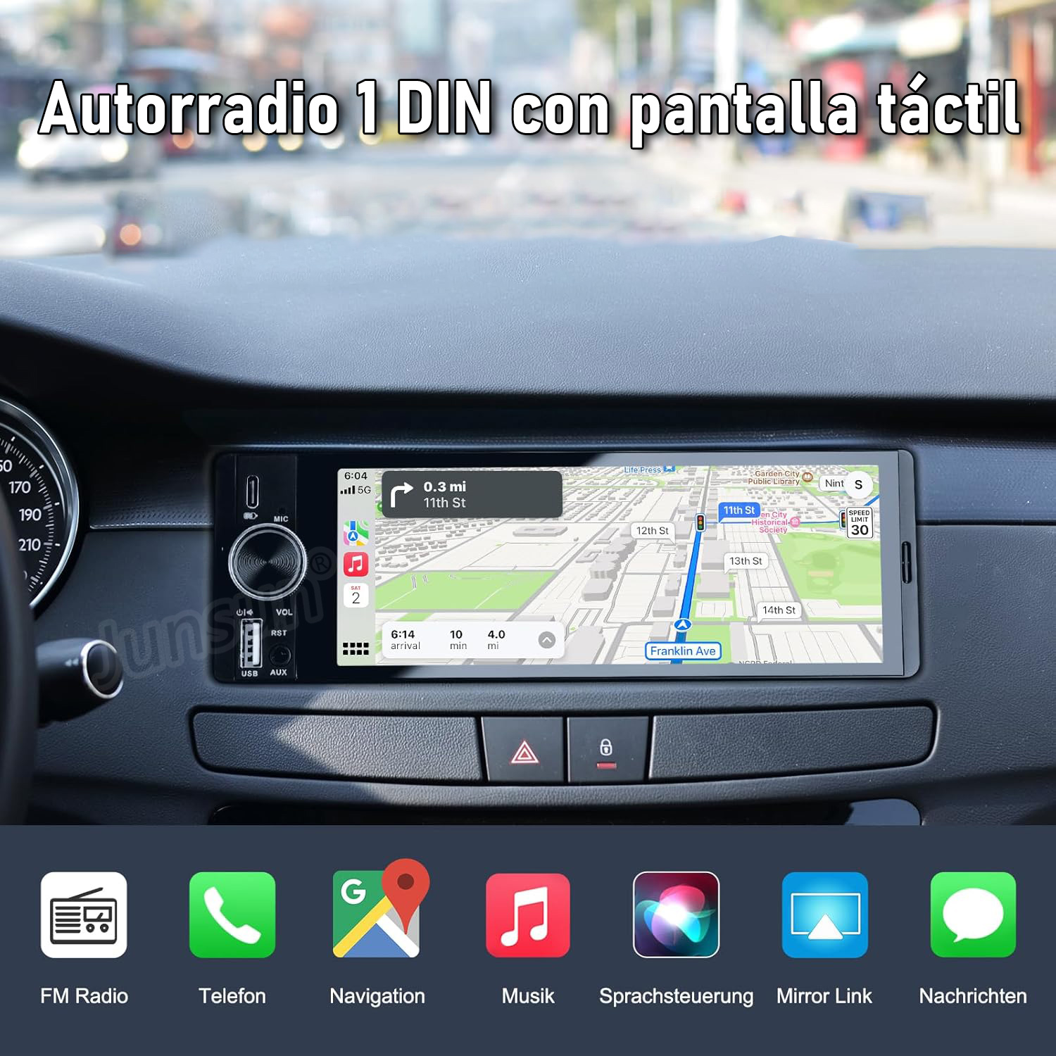 Autorradio con pantalla táctil muestra mapa de navegación e iconos de apps.
