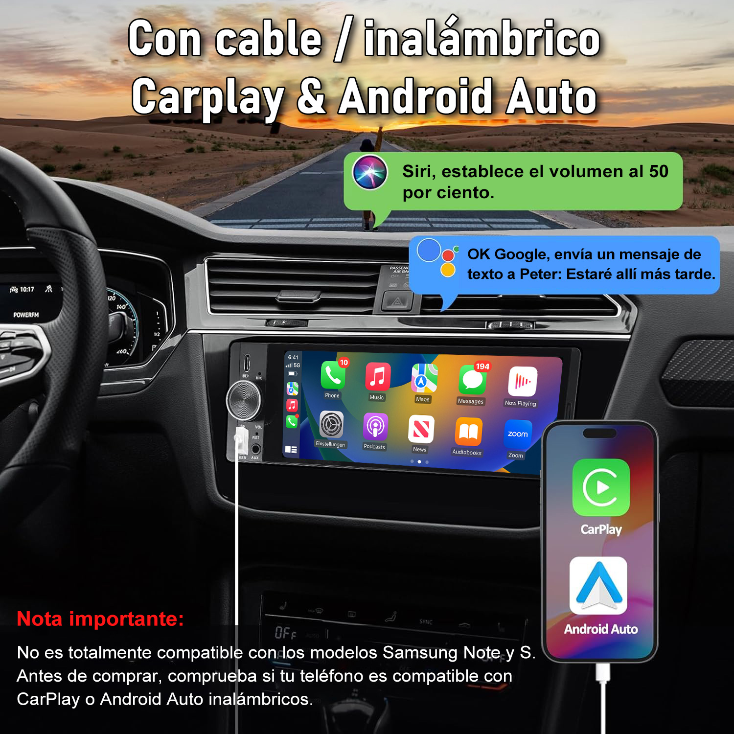 Interior de coche con sistema multimedia CarPlay/Android Auto, asistentes de voz y pantalla de móvil.