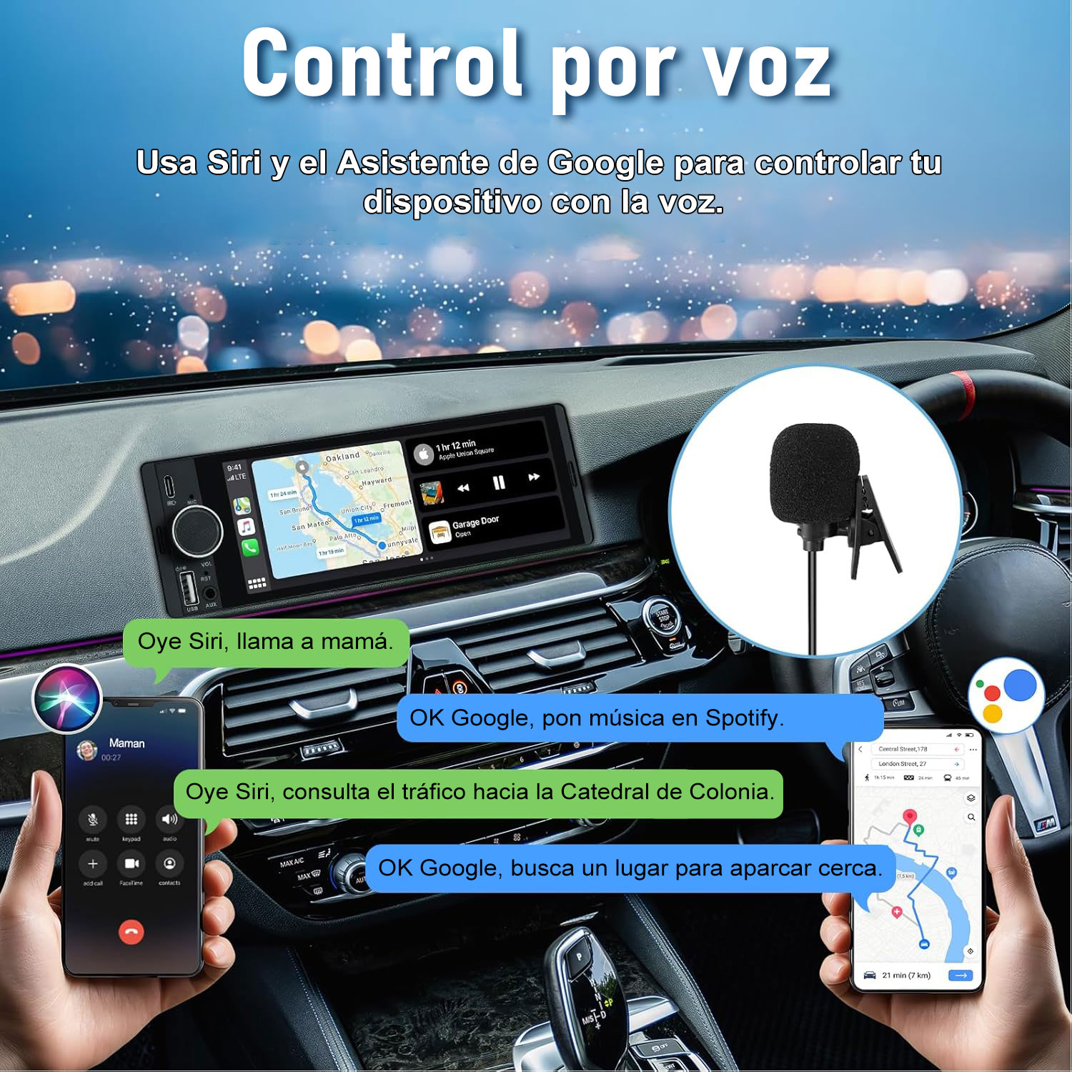 Interior de coche con navegación, micrófono y comandos de voz para Siri y Google.