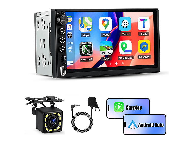 Autorradio  - 2 DIN CarPlay/AndroidAuto FM Cámara JUNSUN, 7 "", 2*USB, Black
