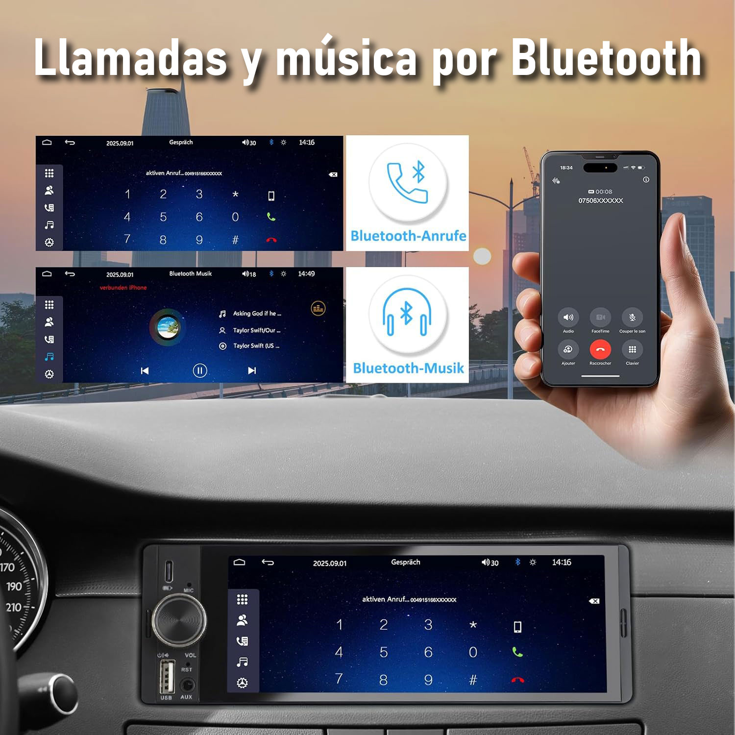 Pantalla del coche muestra llamadas, música, teléfono Bluetooth. Mano sujeta smartphone.