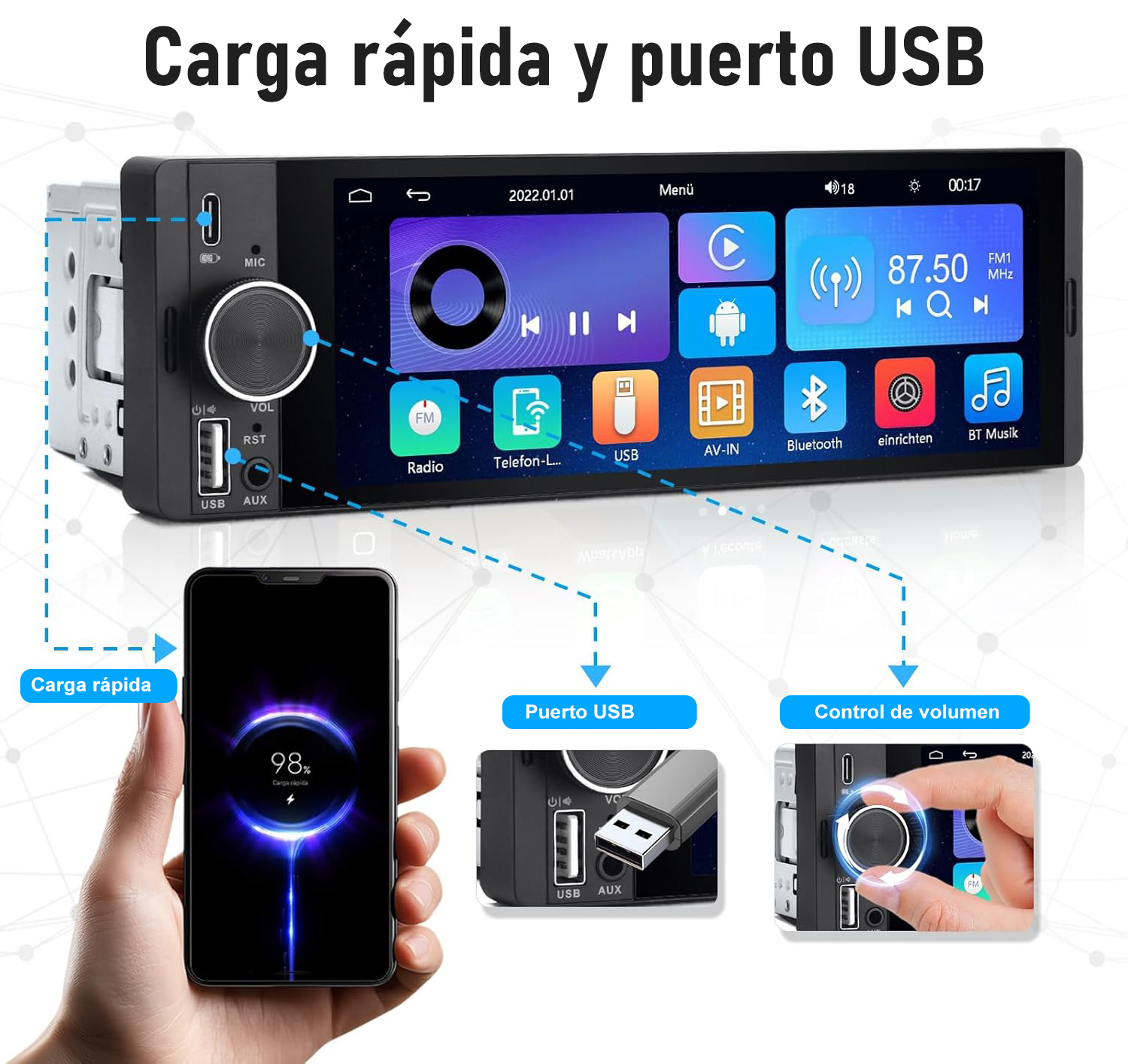 Un smartphone muestra 98% de carga. Una radio de coche tiene puertos USB y pantalla.