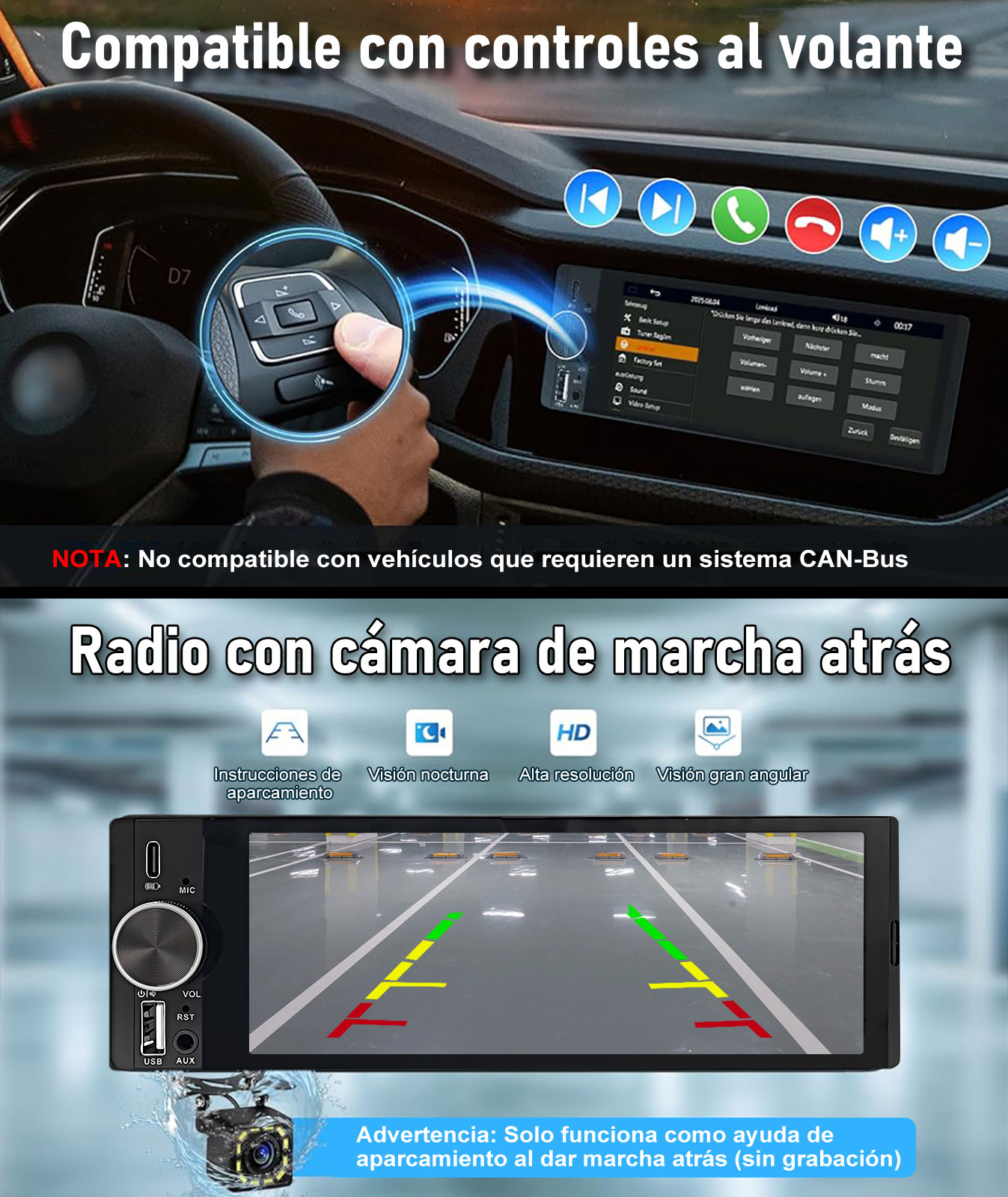 Radio de coche con controles de volante y cámara trasera.