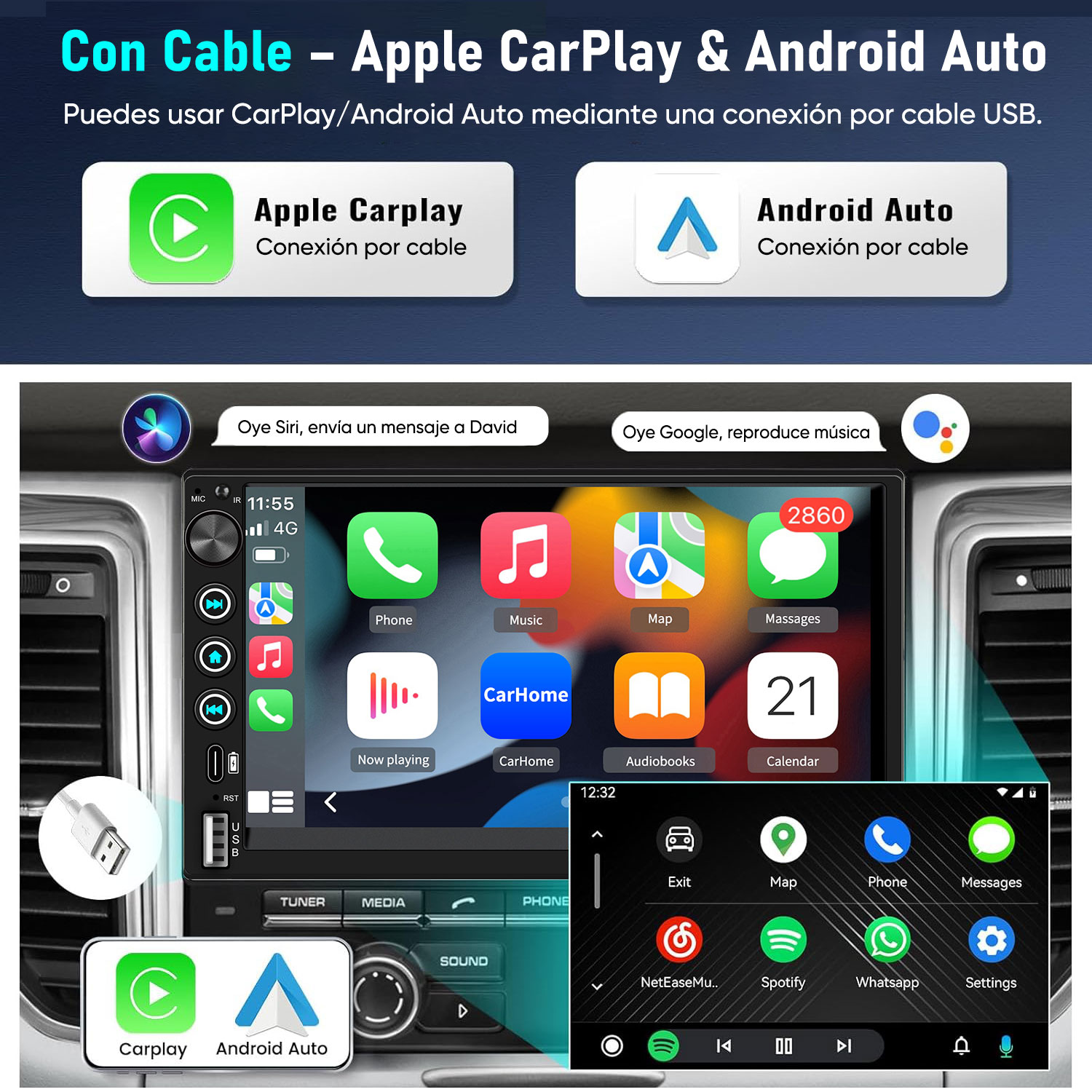 Pantalla de coche mostrando Apple CarPlay y Android Auto con iconos de apps y comandos de voz.