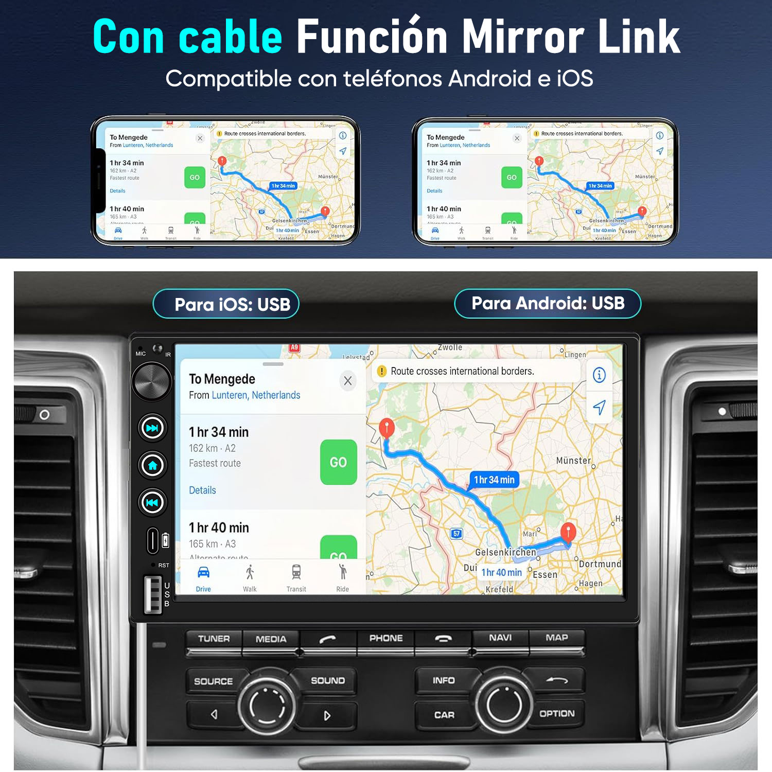 Pantalla de coche muestra navegación para iOS y Android con planificación de ruta.