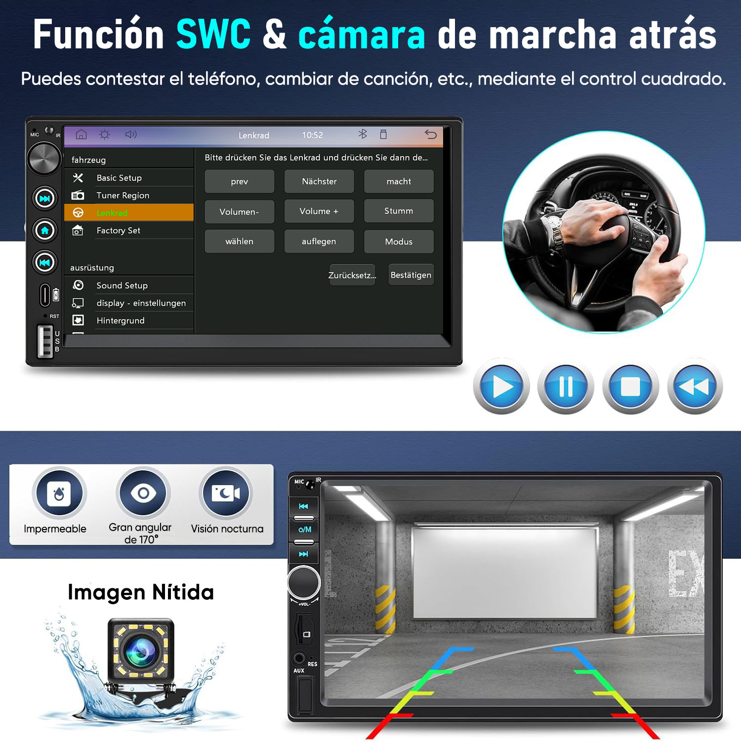 Pantalla de radio de coche muestra ajustes de menú y vista de volante.