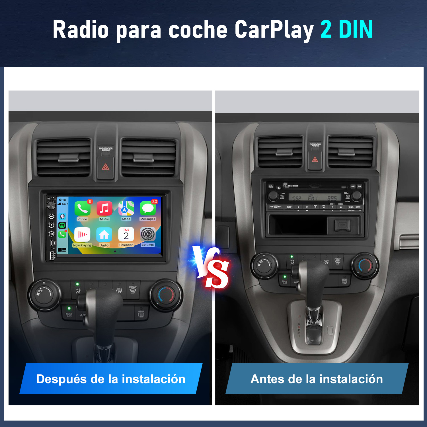 Comparación de radio de coche antes y después: izquierda con CarPlay, derecha antigua.