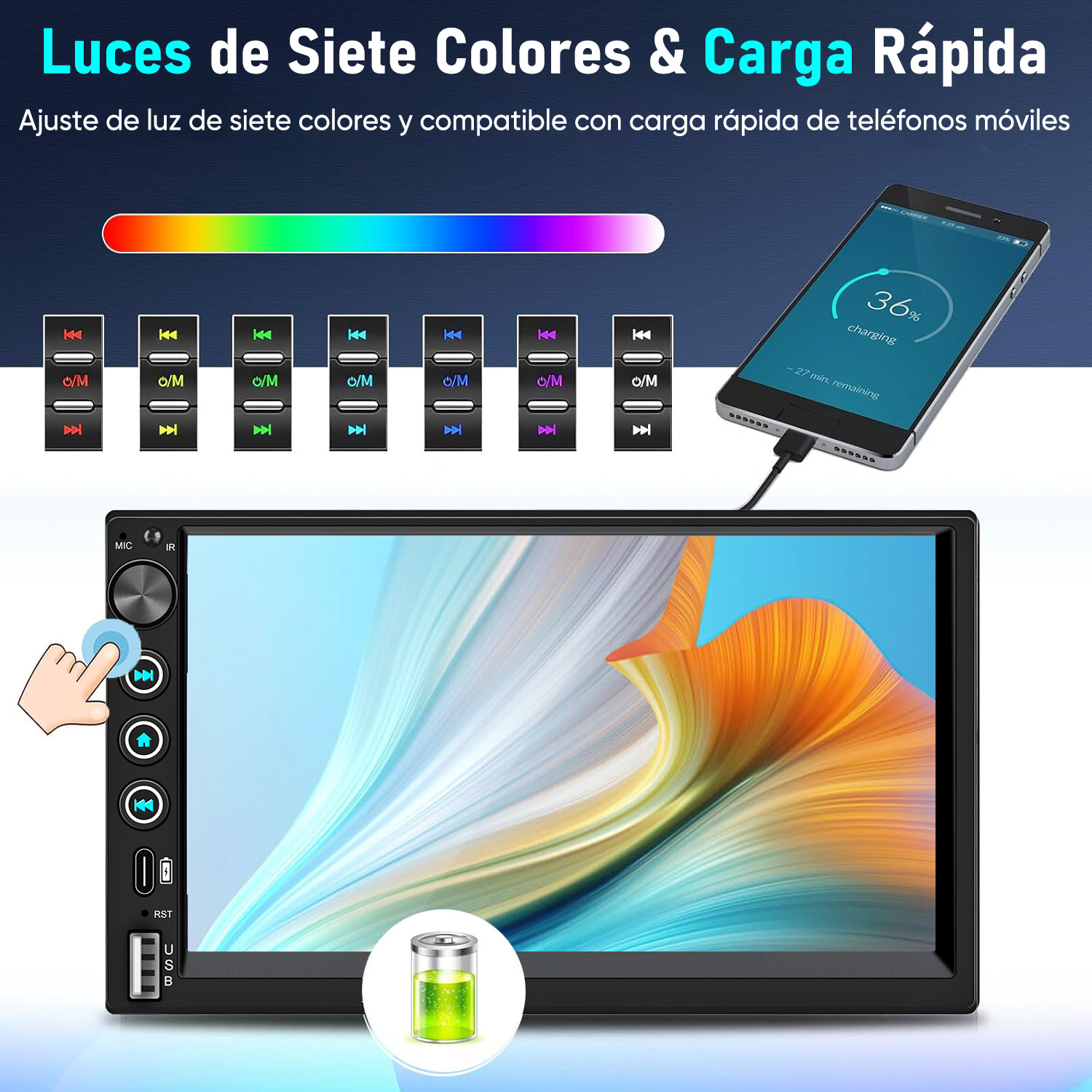 Radio de coche con pantalla táctil, teléfono cargando, botones de color e ícono de batería.