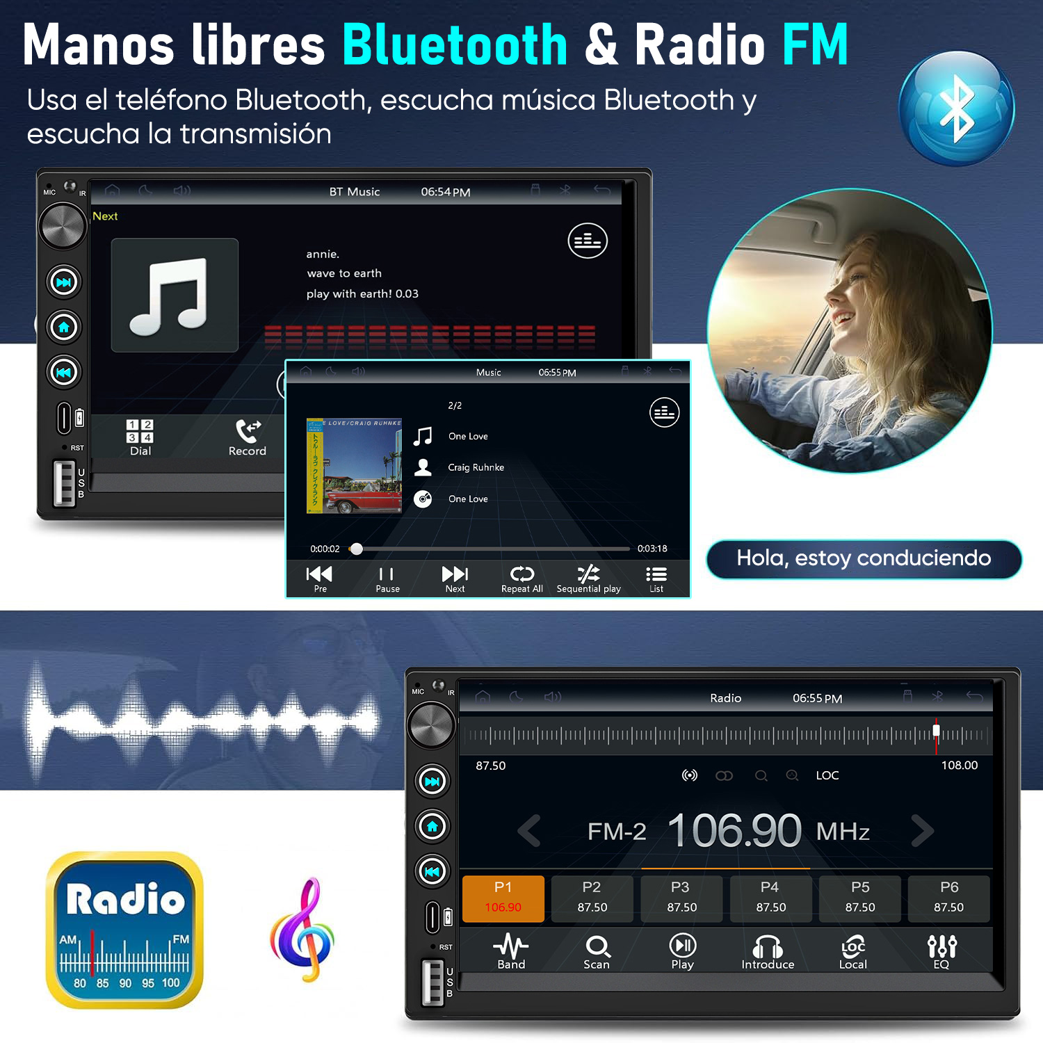 Estéreo de coche muestra interfaz de música y radio. Mujer conduciendo.