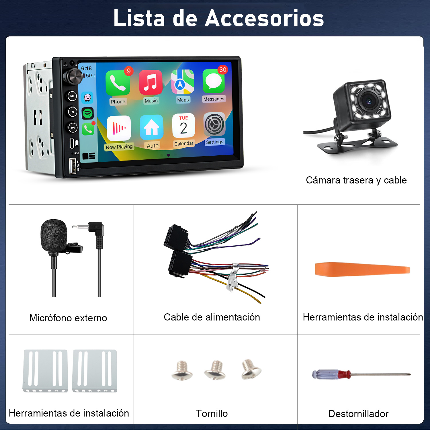 Radio de coche con accesorios: cámara trasera, micrófono, cables, herramientas, tornillos.