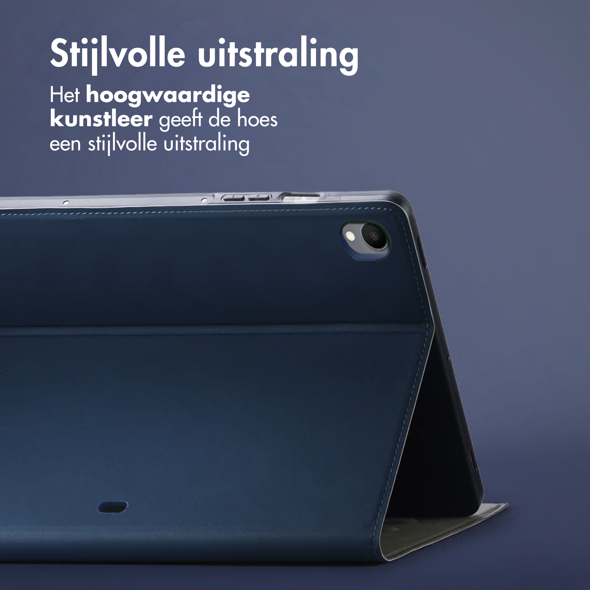 Dark blue tablet with stylish faux leather cover, showing camera and buttons.
