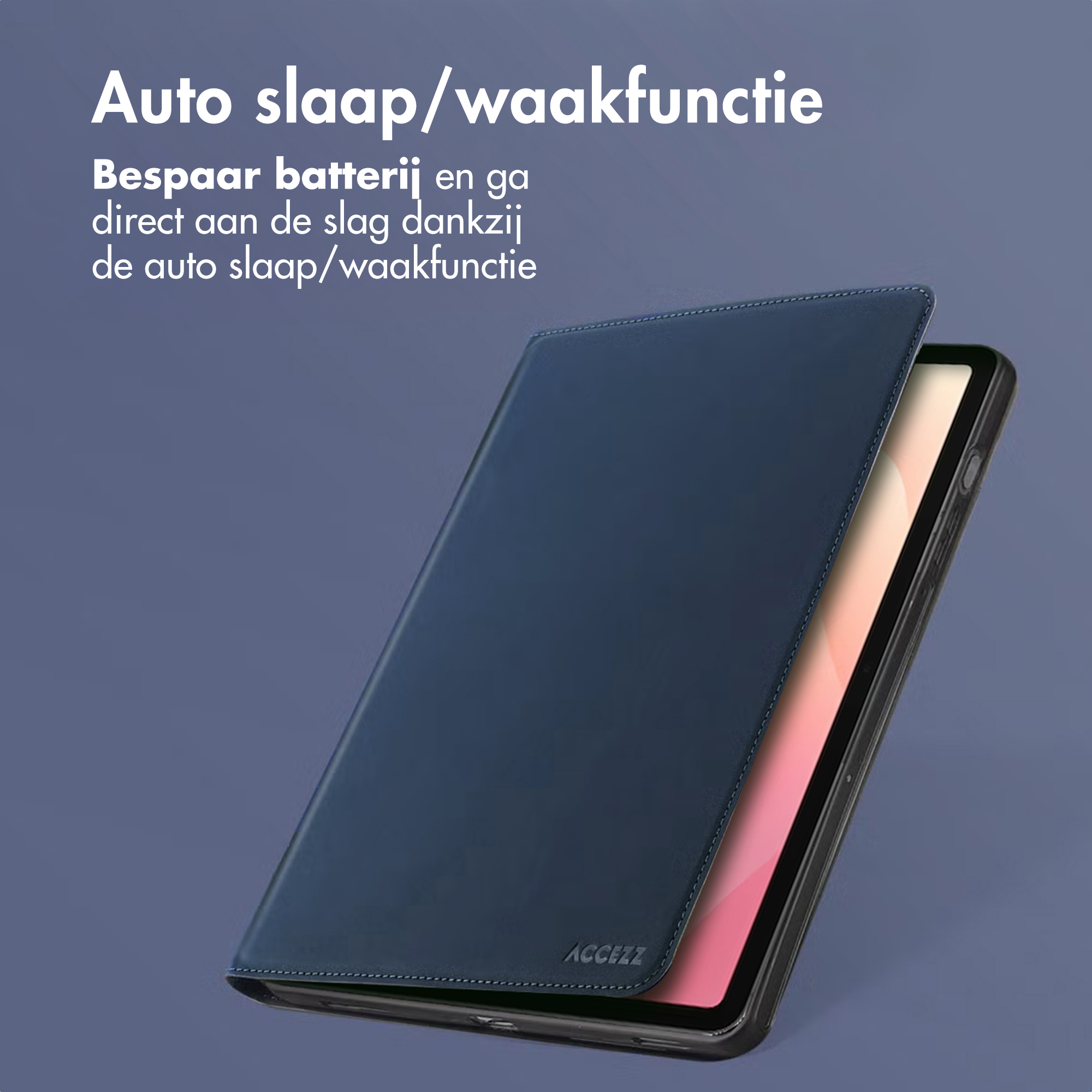 Dark blue tablet case with auto sleep/wake function. ACCEZZ logo.
