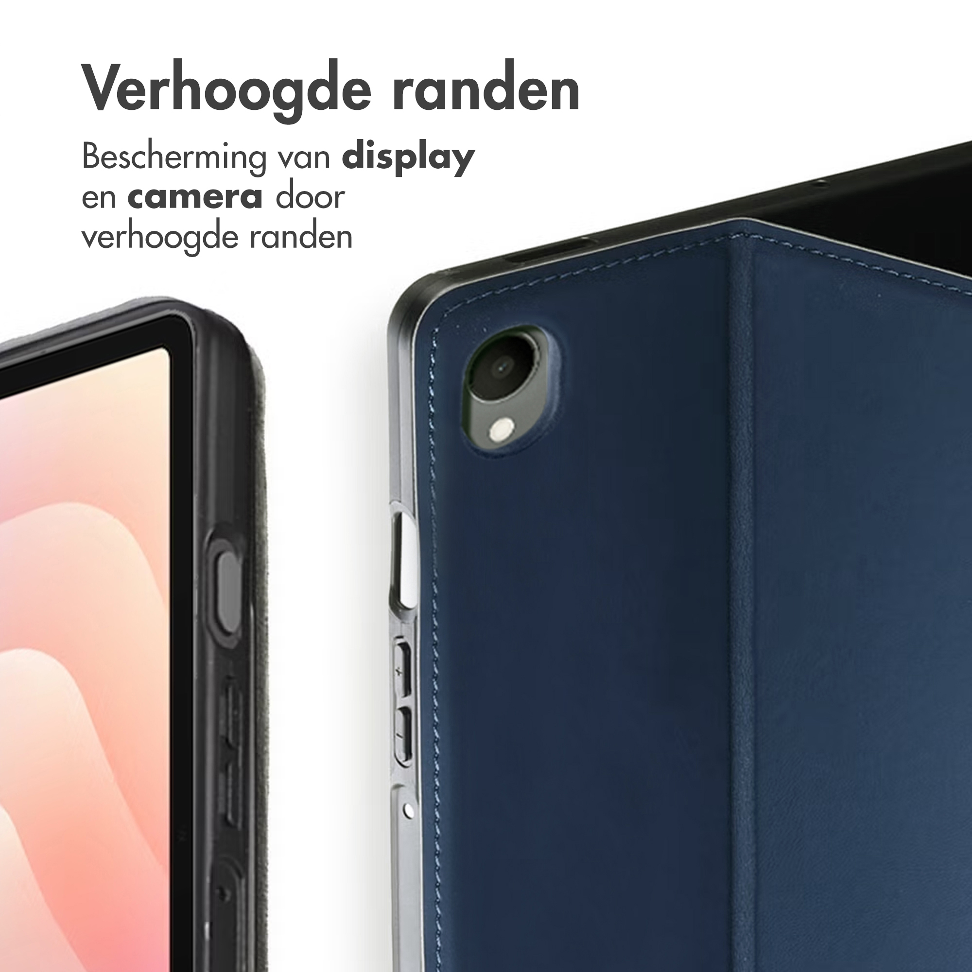 Close-up of a blue tablet cover with raised edges around camera and display.