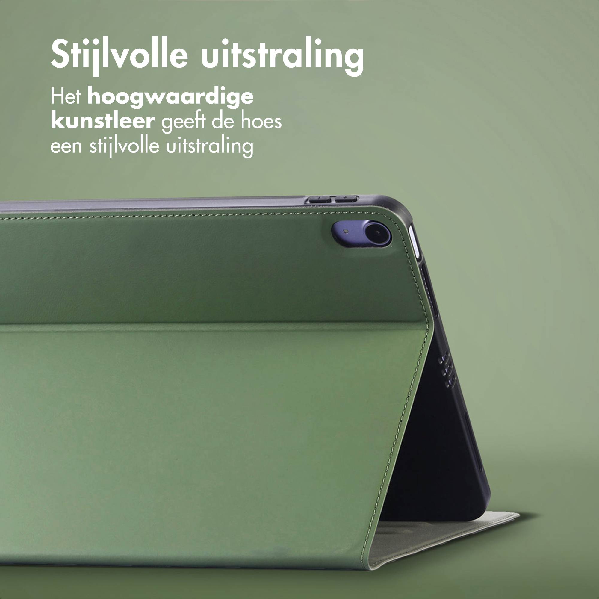Une tablette verte dans un étui en cuir sur fond vert.