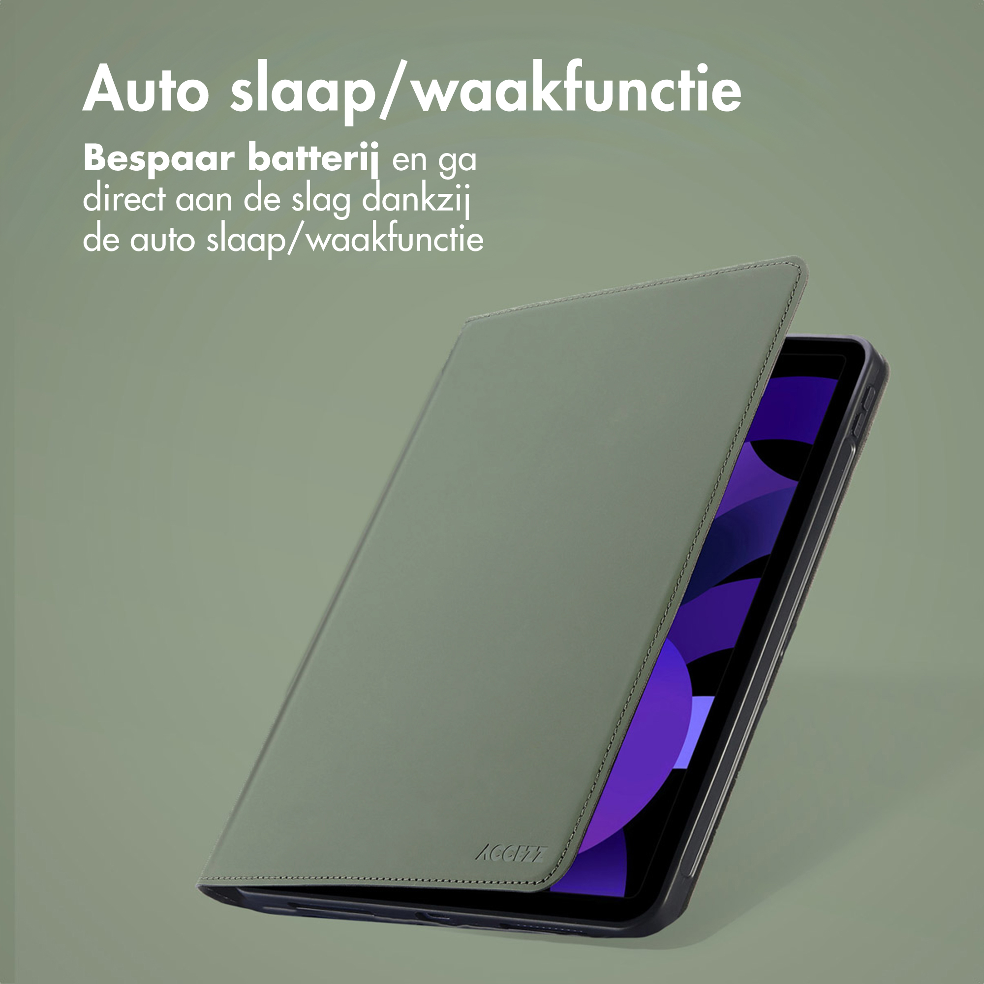 Étui vert pour tablette avec texte 'Auto Sleep/Wake'.