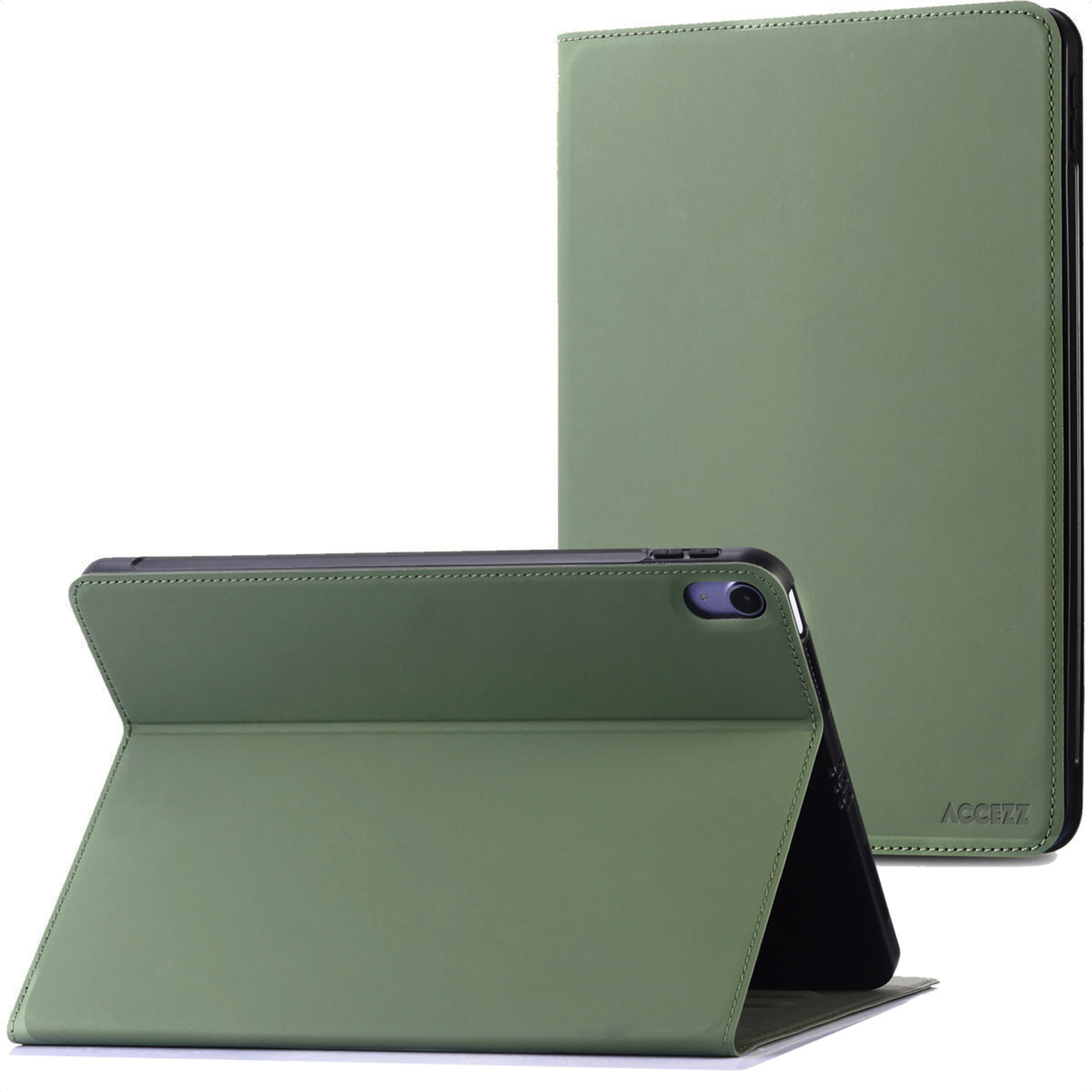 Een groene tablet in een hoes, rechtop.