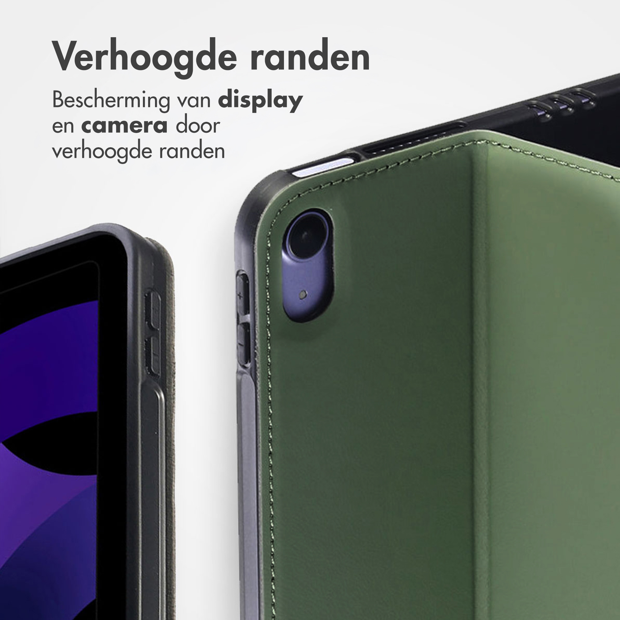 Groene tablethoes met verhoogde randen beschermt camera en display.