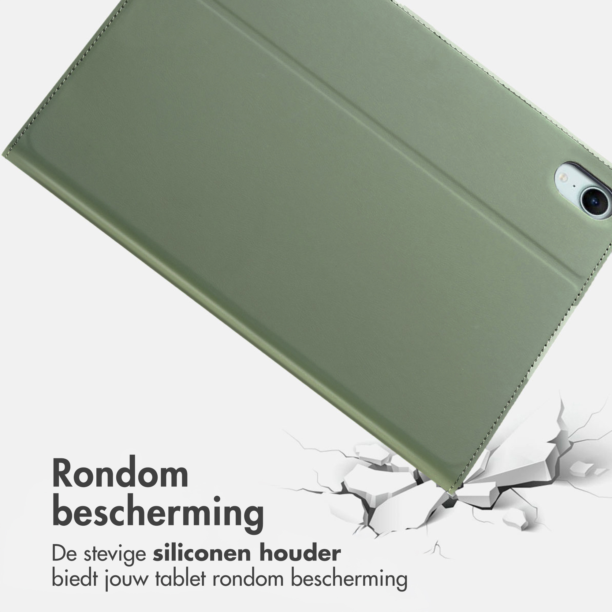 Groene tablethoes met camerauitsparing en gebroken vloer design.