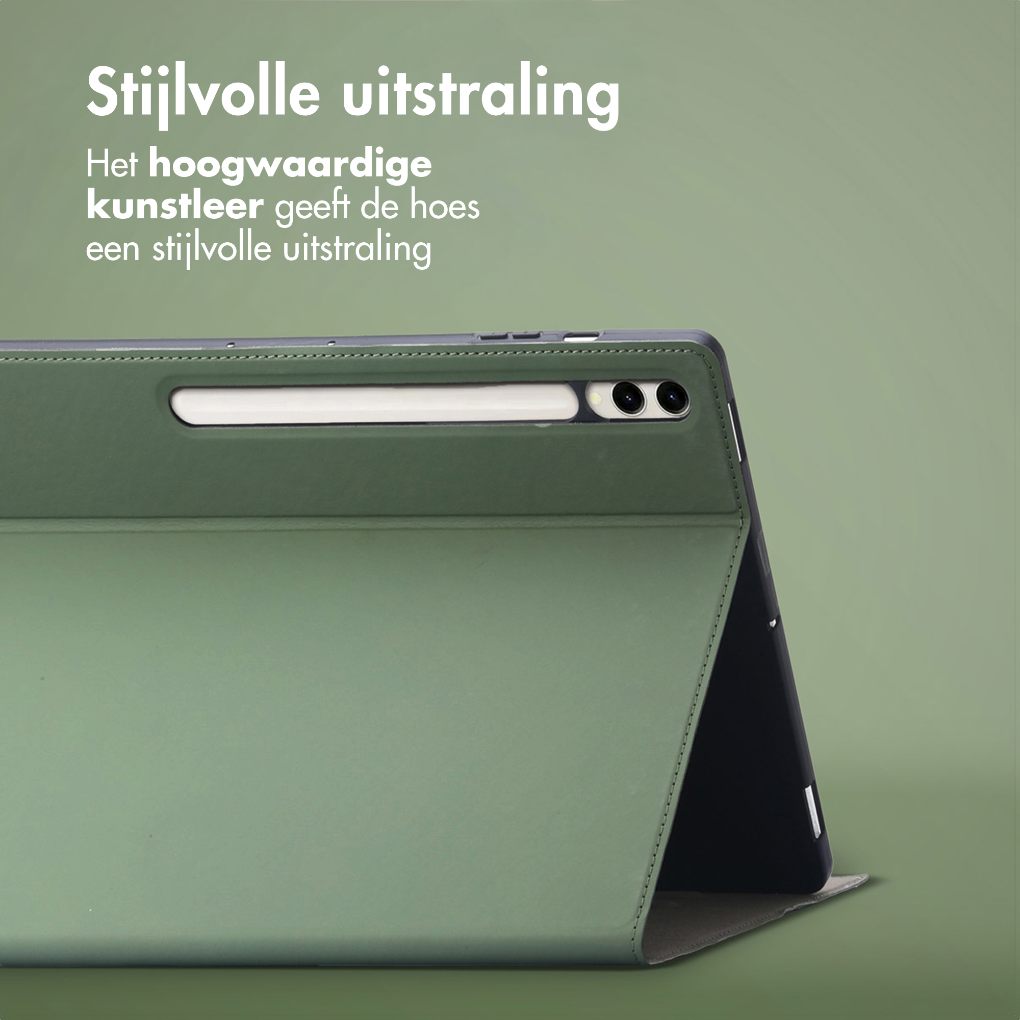 Groene tablethoes met penhouder en twee camera's aan de achterkant.
