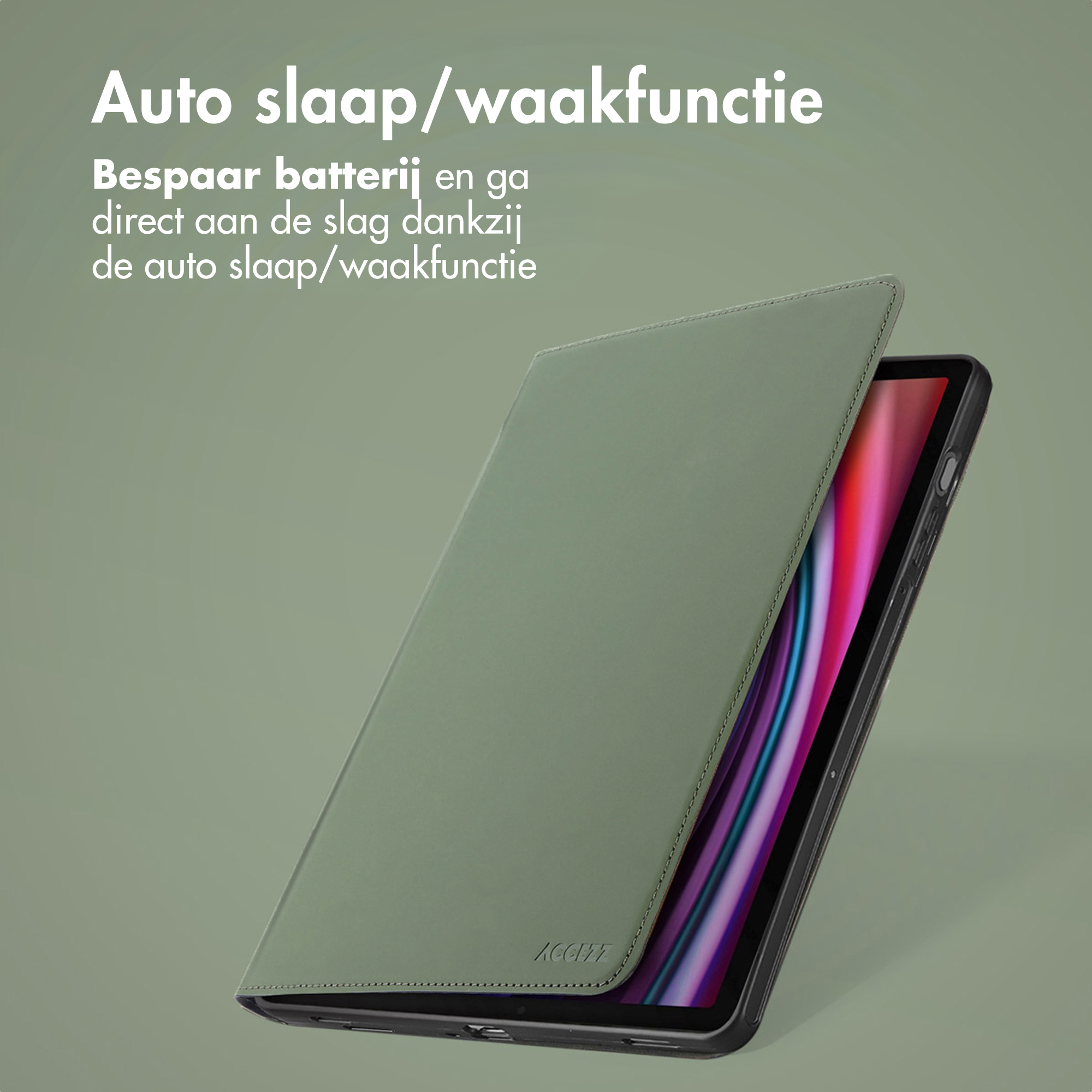 Een groene tablet met hoes. Het scherm toont kleurrijke strepen.