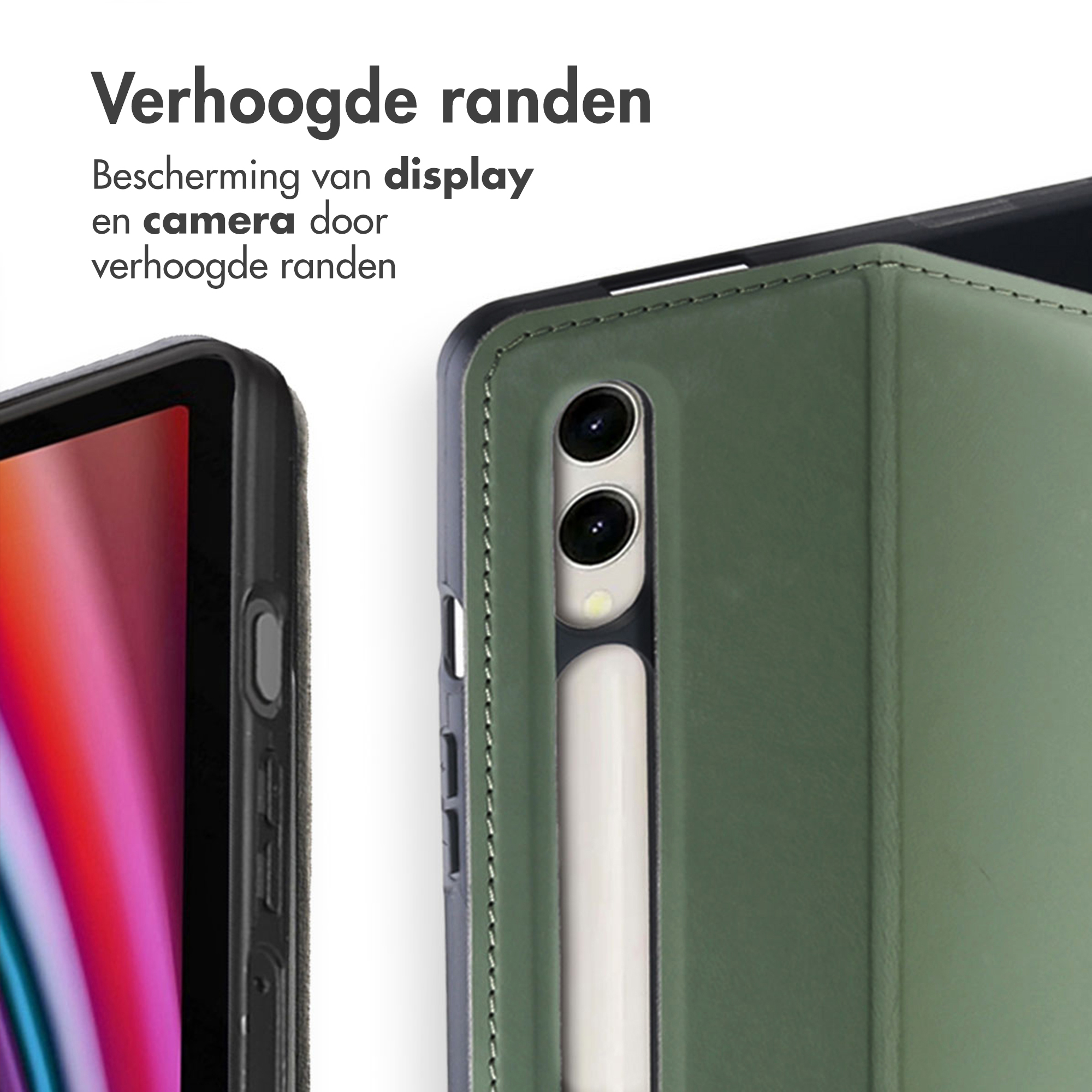 Close-up van tablet in hoes met verhoogde randen ter bescherming.