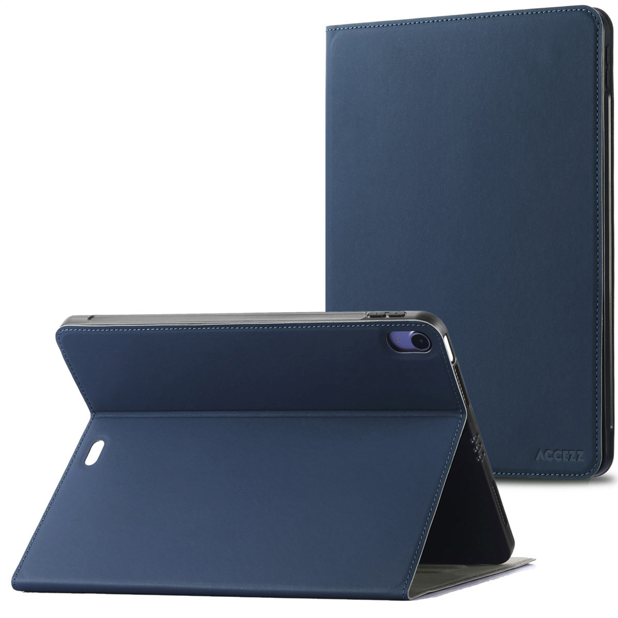 Dark blue tablet case, propped open, showing the camera.