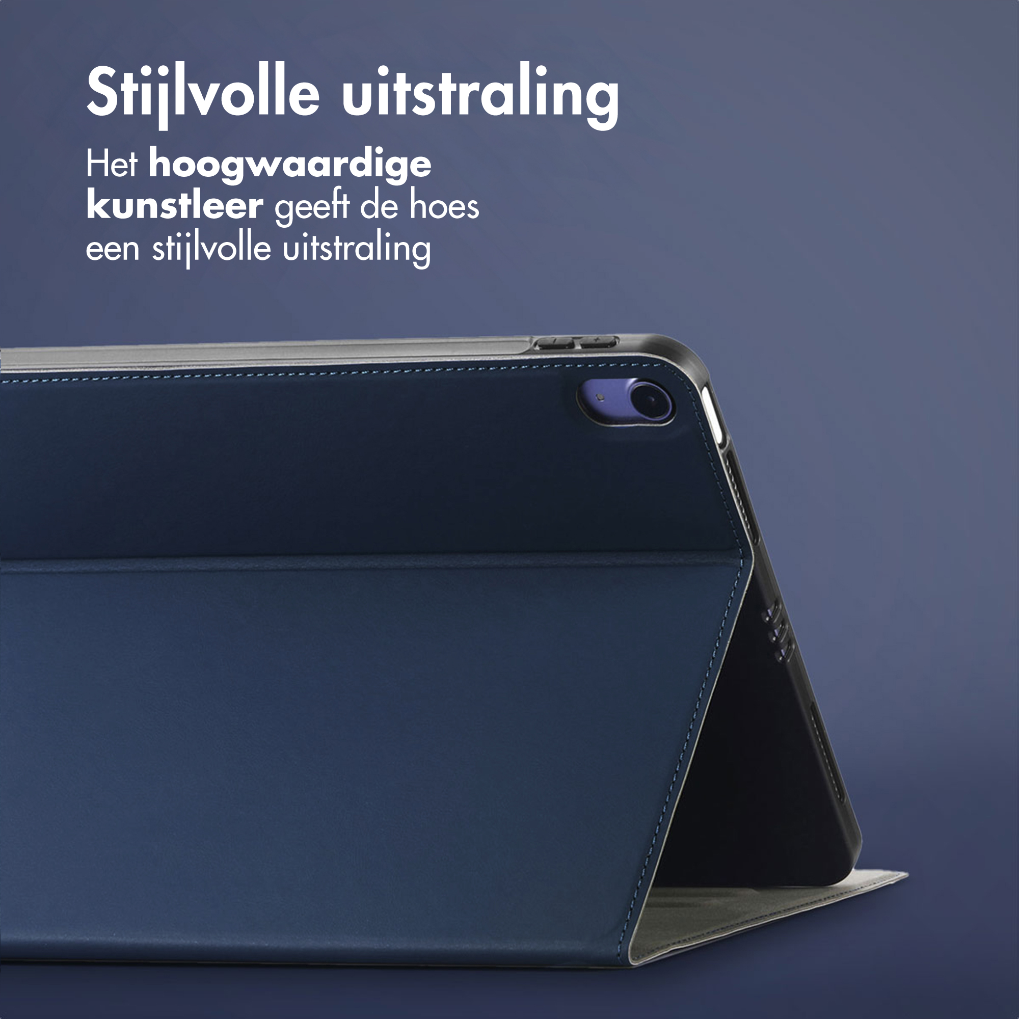 Dark blue tablet case with stitching and camera module.