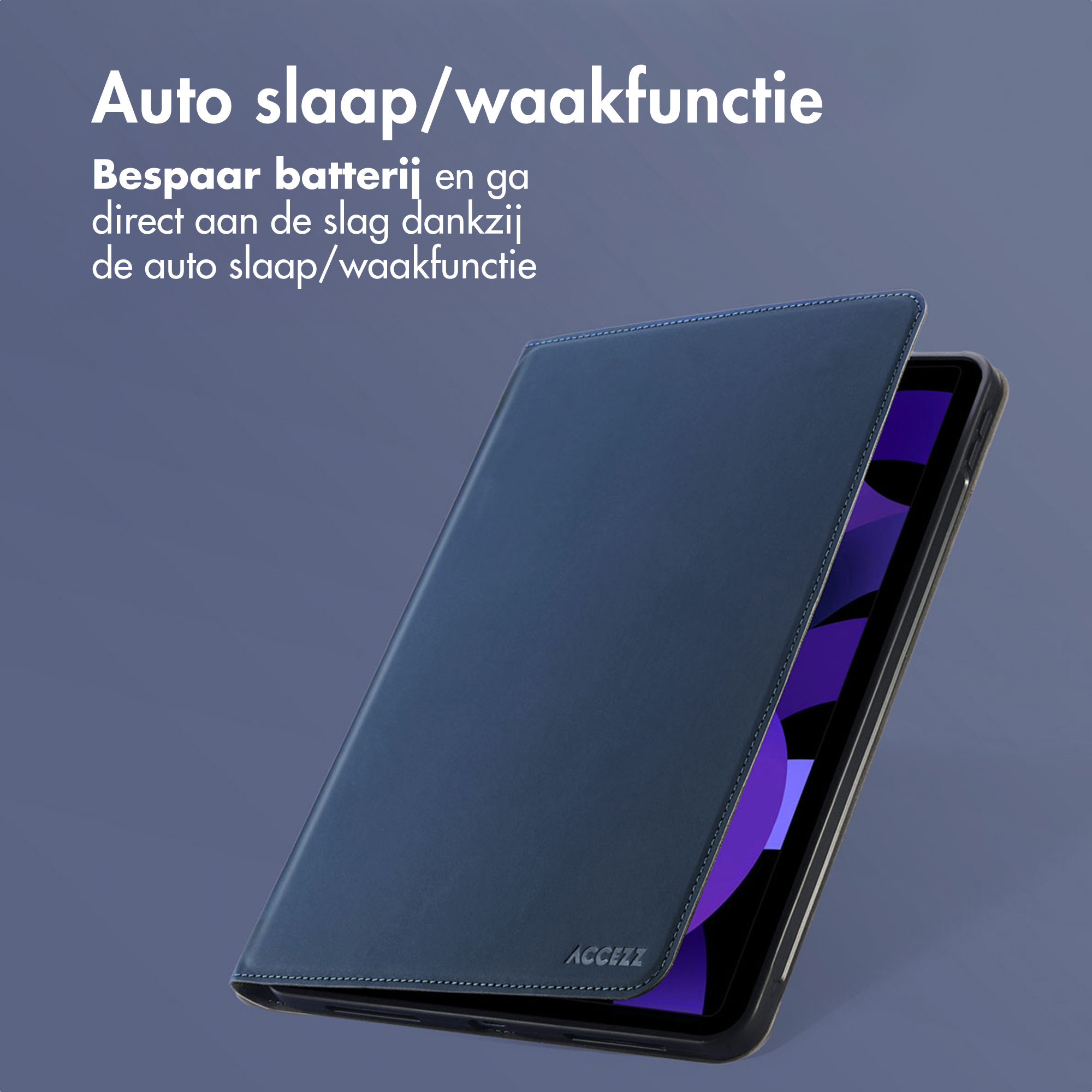 Dark blue tablet with case showing auto sleep/wake function.