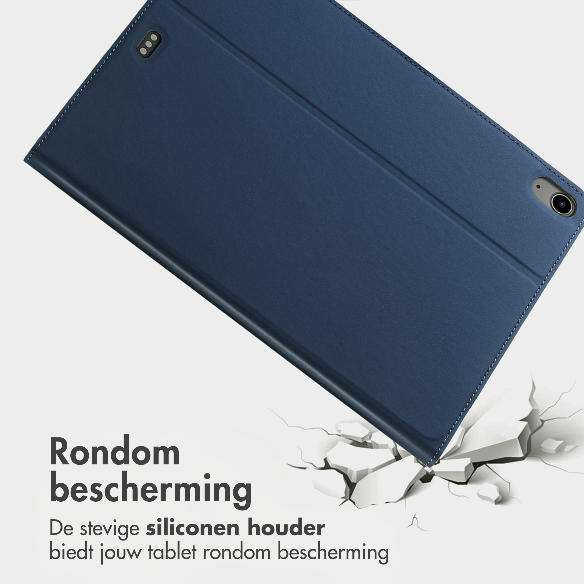 Dark blue tablet case with stitching and camera cutout, on a cracked ground.