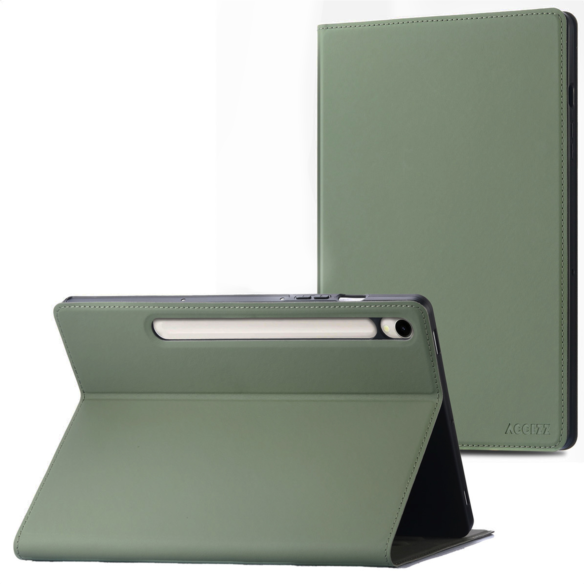 Étui vert pour tablette avec porte-crayon, debout.