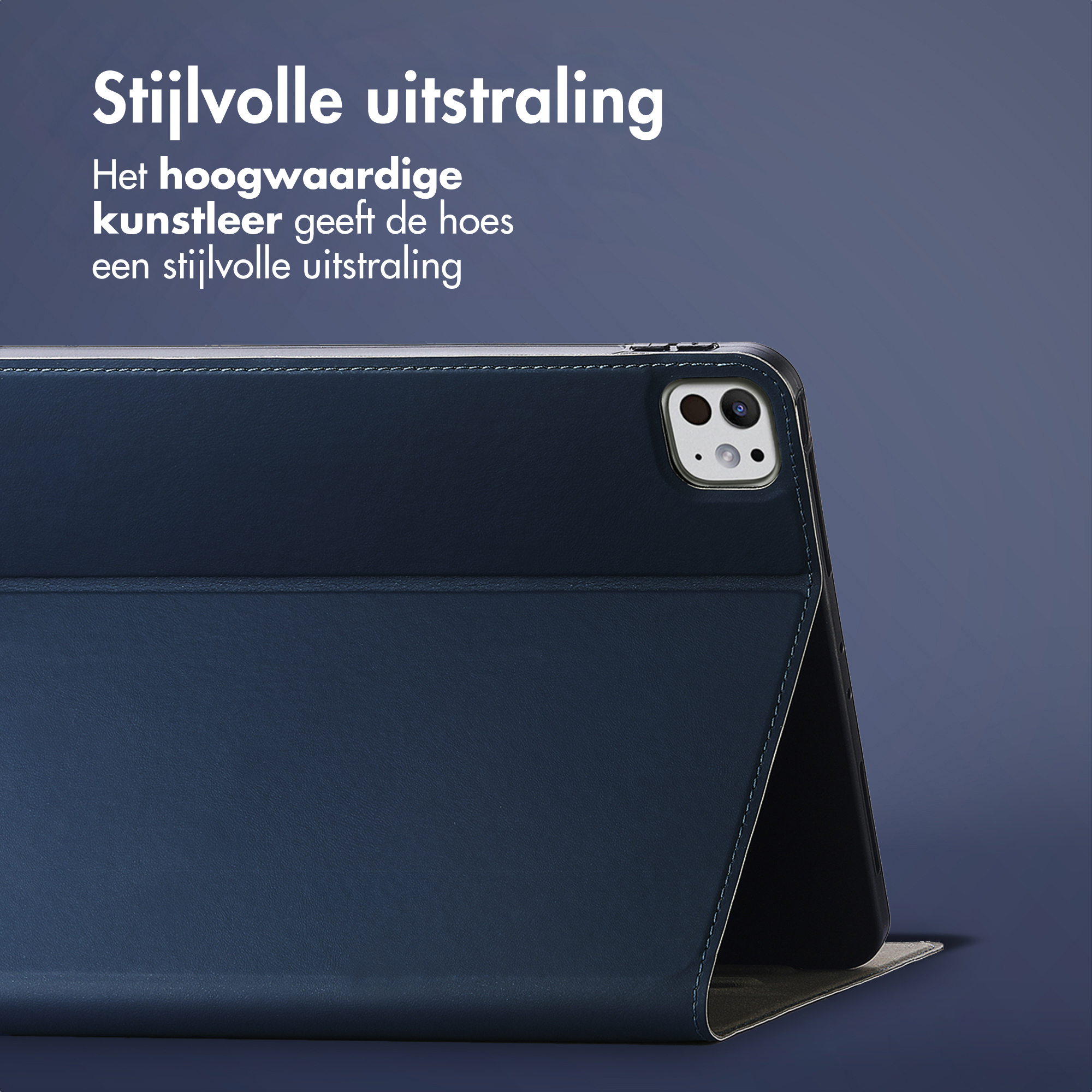 Dark blue faux leather tablet case with camera cutout and stitching.