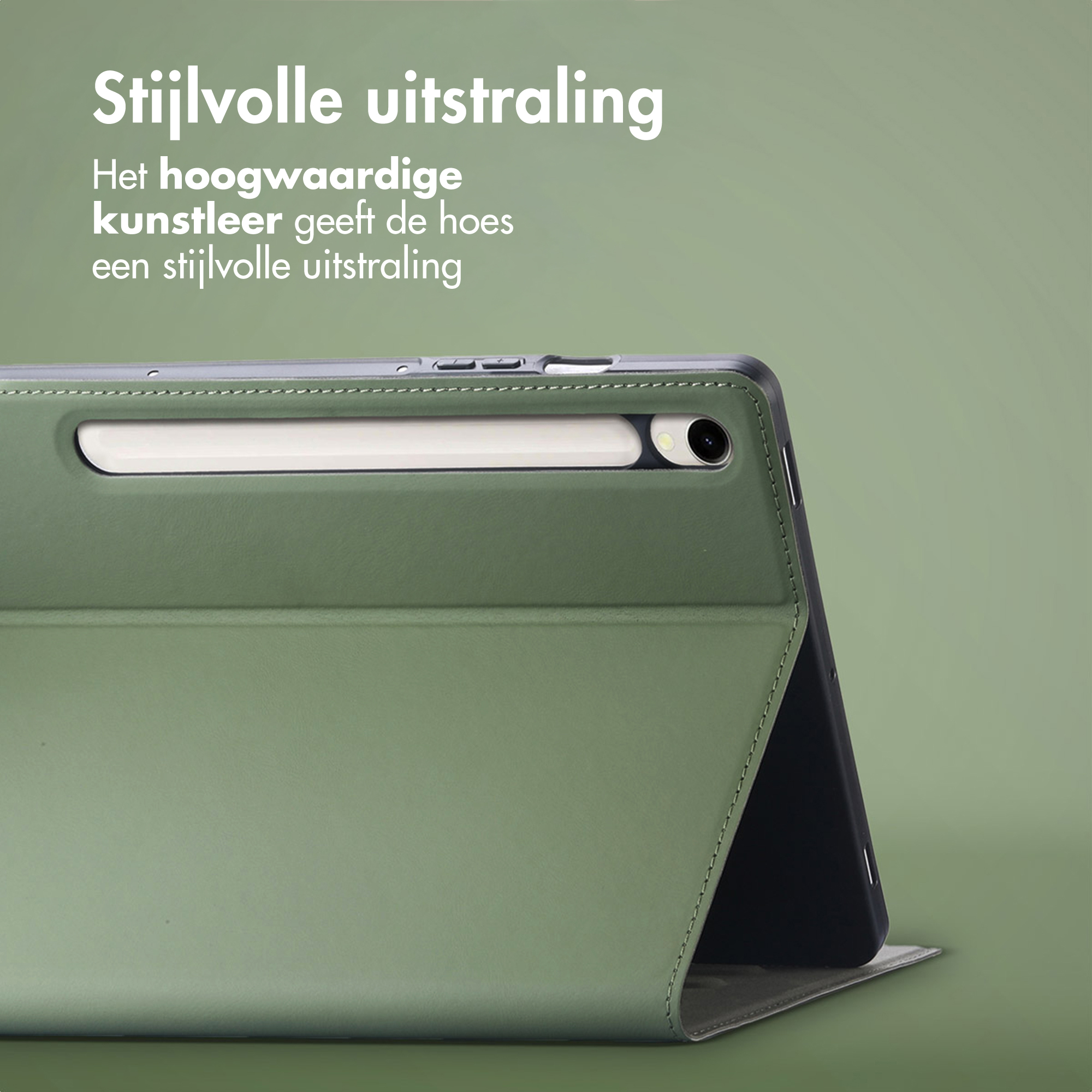 Tablette verte avec stylet dans un étui assorti sur fond vert.