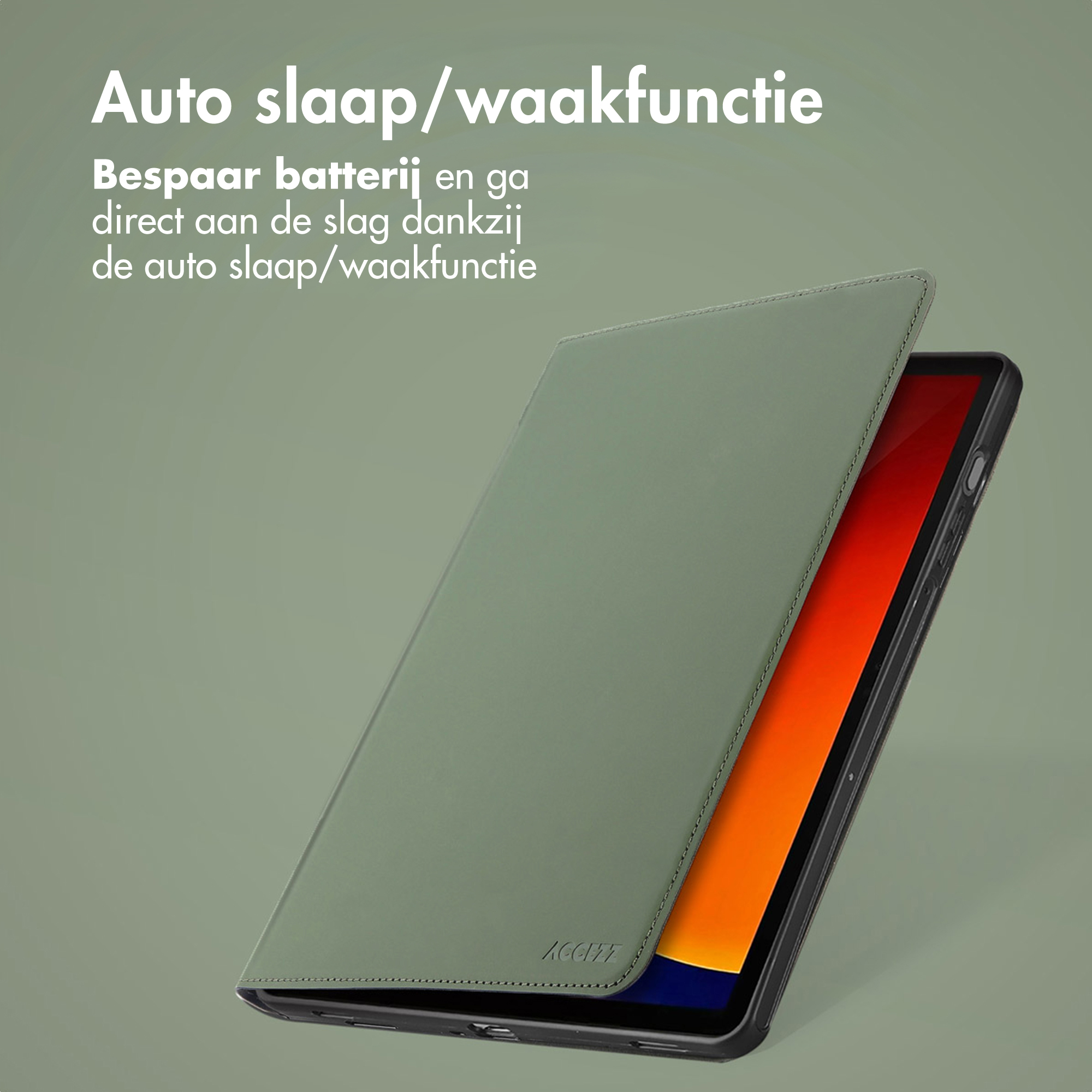 Une housse verte pour tablette avec fonction veille/réveil automatique.