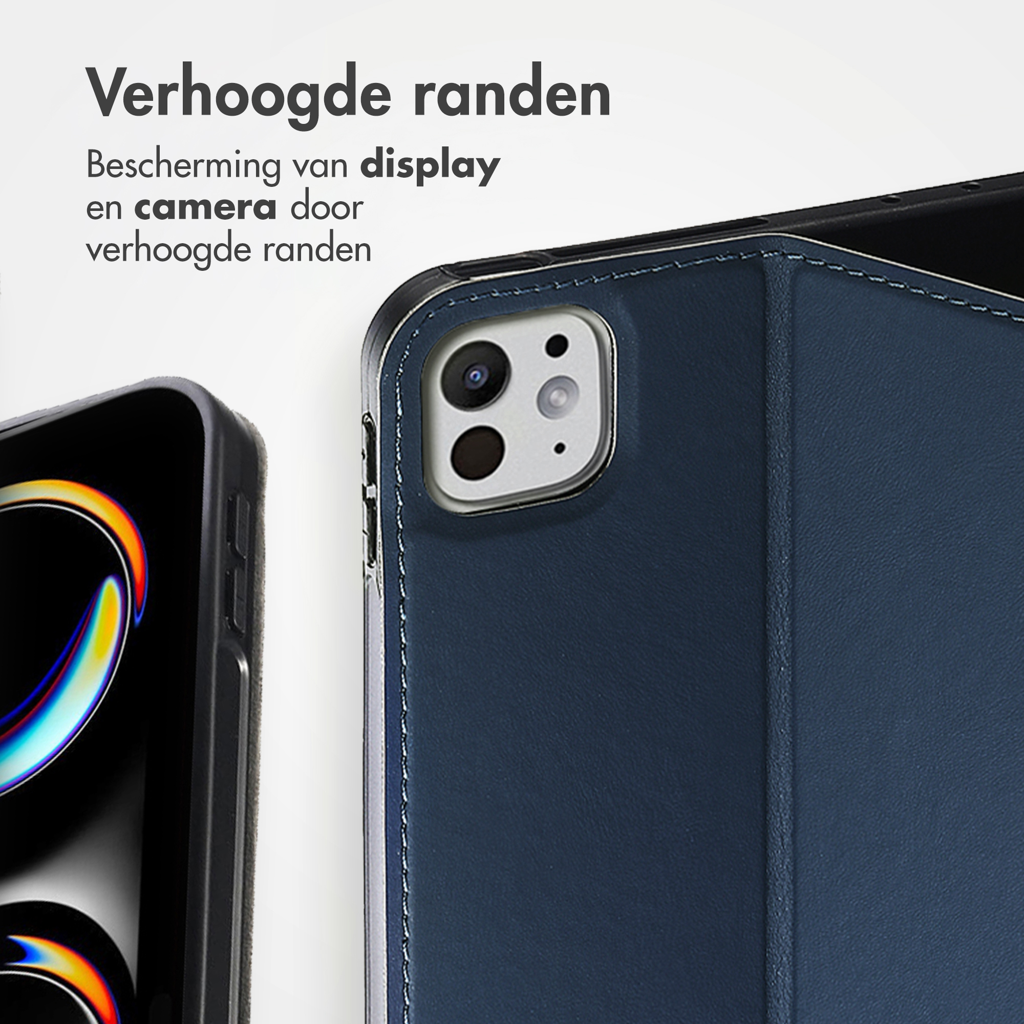 Blue phone case with camera cutout and charging port. Raised display edge.