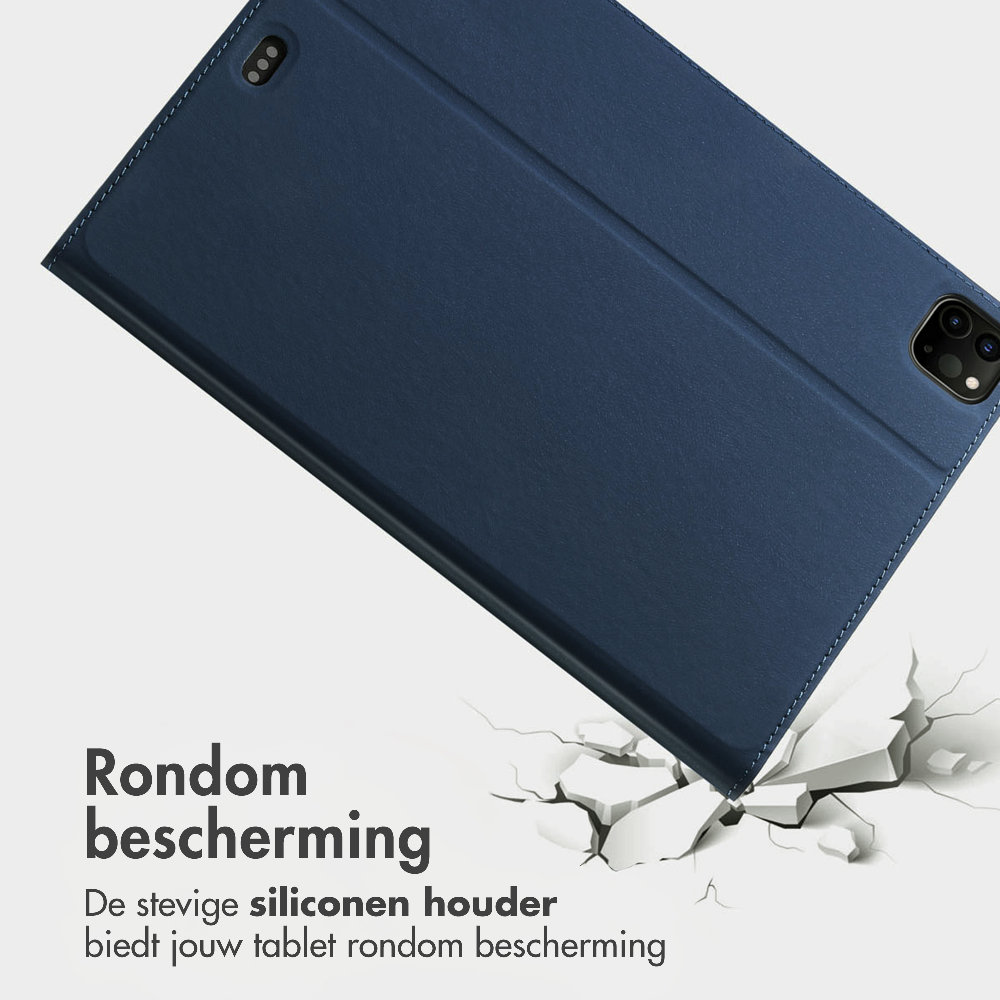 Dark blue tablet case with camera cutout and broken ground.