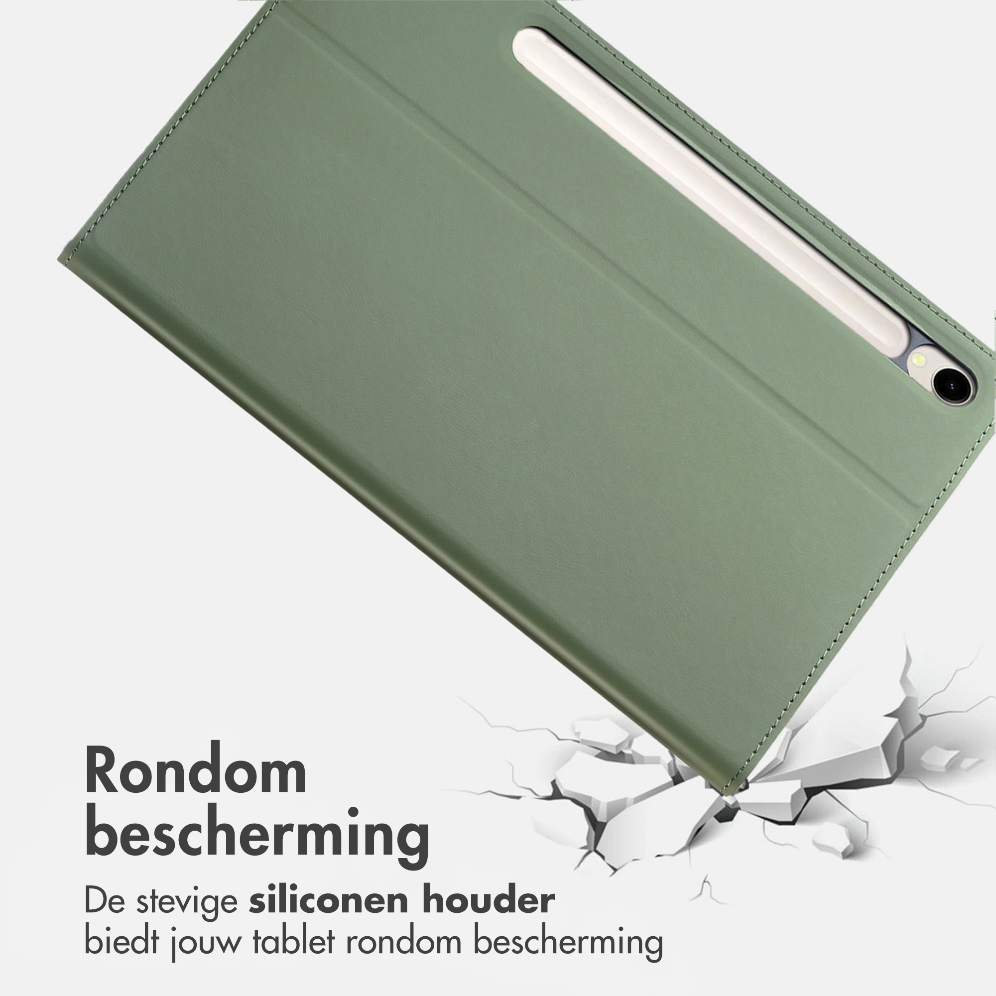 Étui vert pour tablette avec support de stylet et effet de sol fissuré.