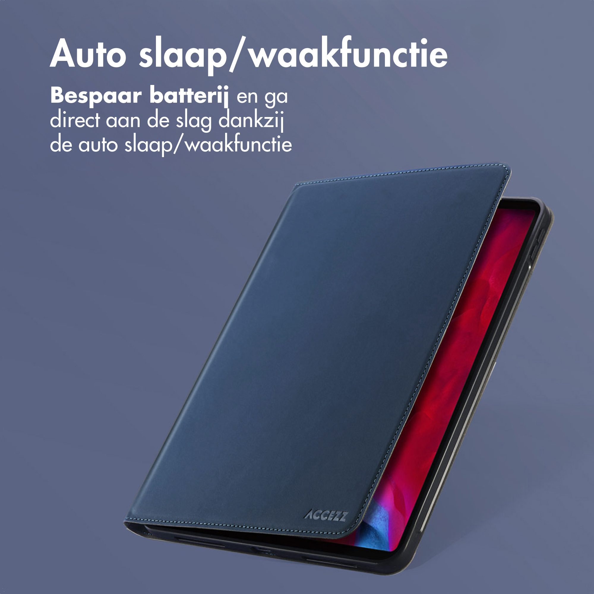 Dark blue tablet with a cover showing the auto sleep/wake function.