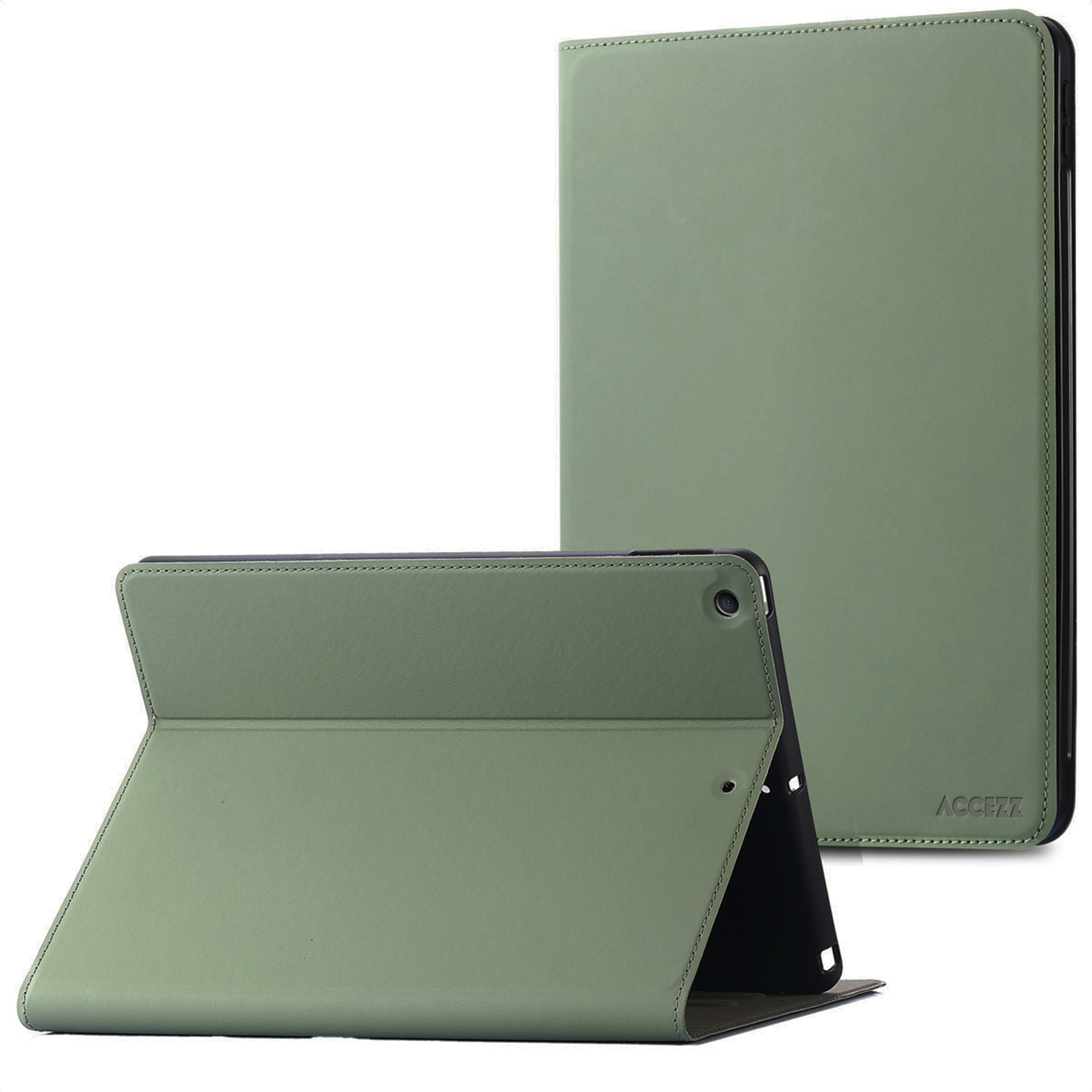 Green tablet case displayed flat and standing.