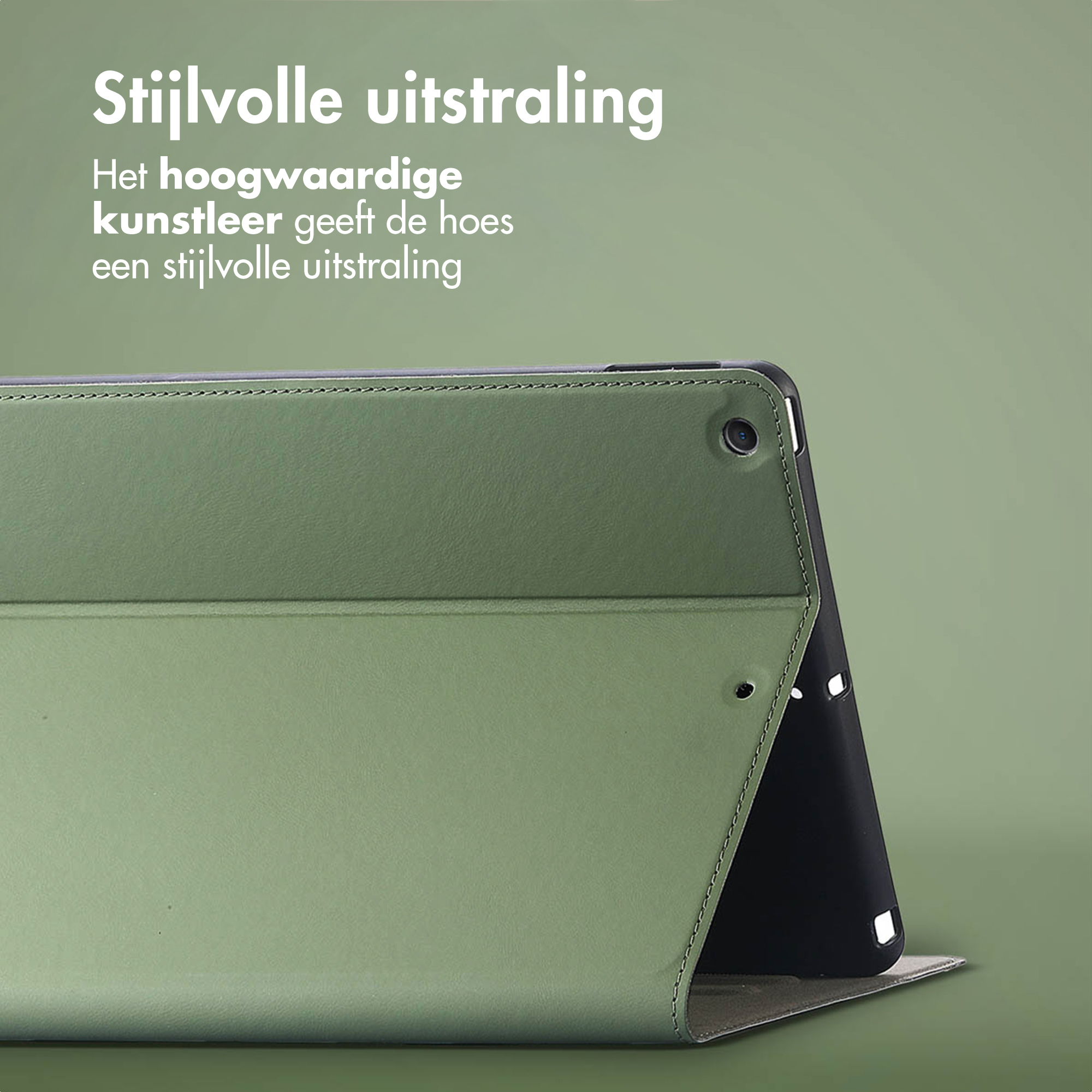 Green tablet stand with black tablet and text in Dutch.