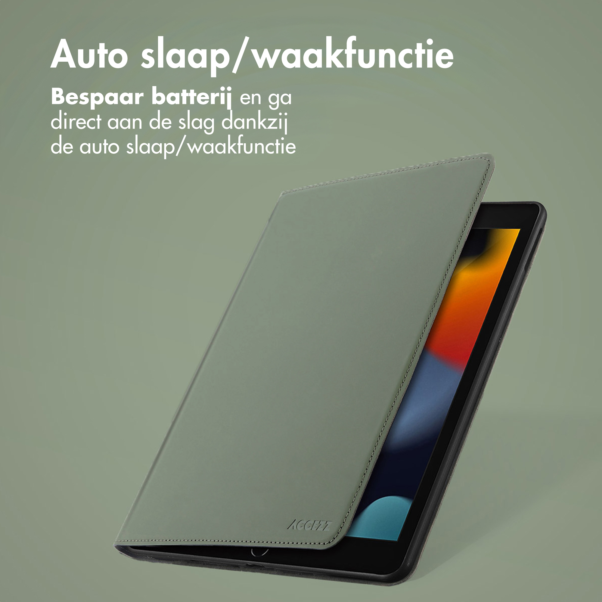 Green case over a tablet with a colorful screen.