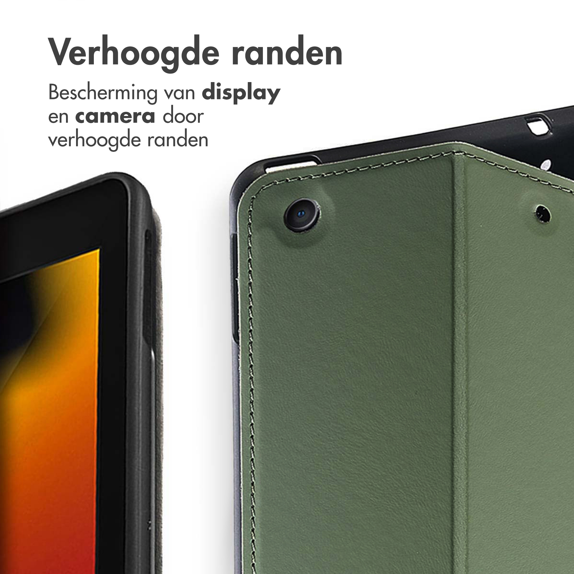 Green tablet case with raised edges for display and camera protection.