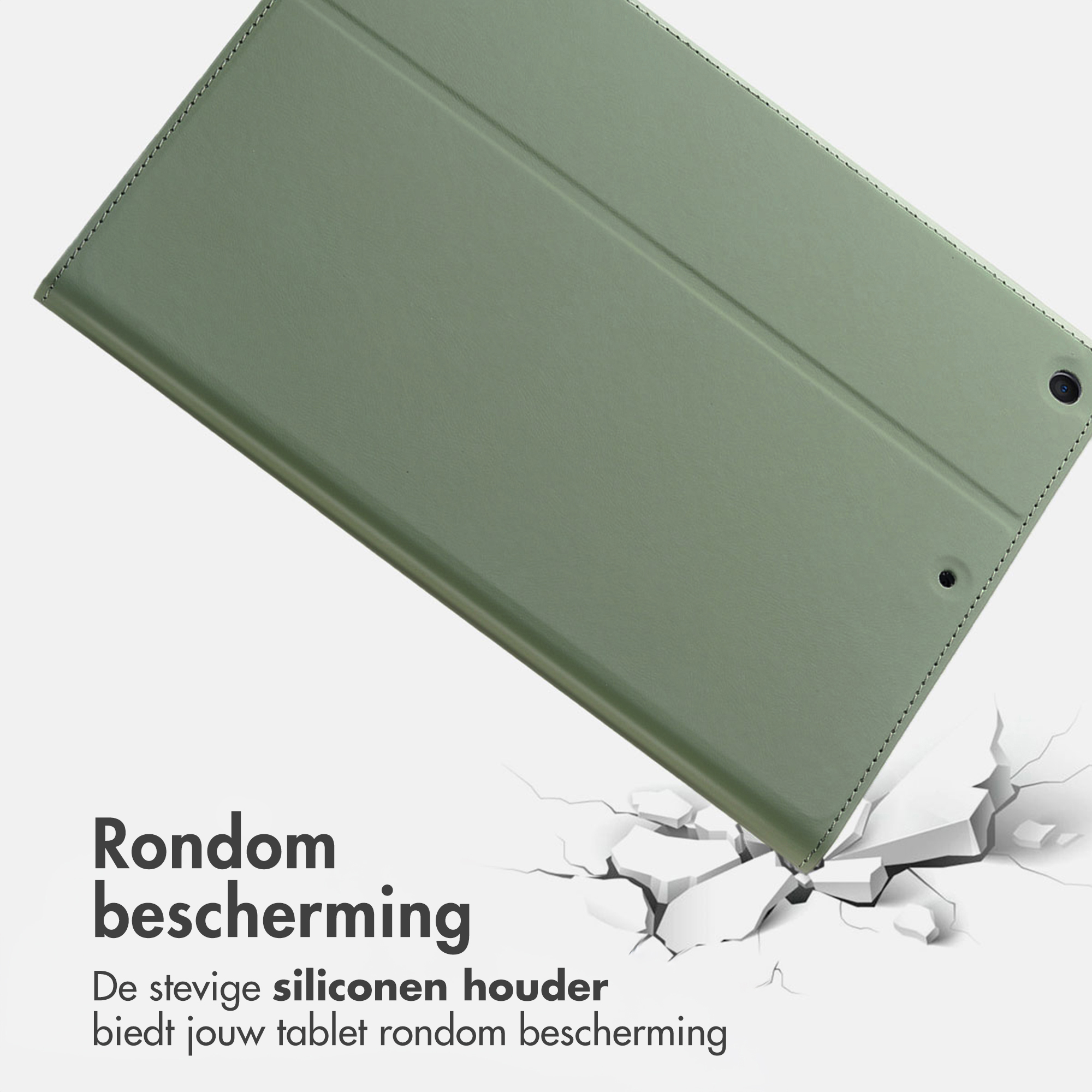 Green case with stitching, impacting on cracked white surface.