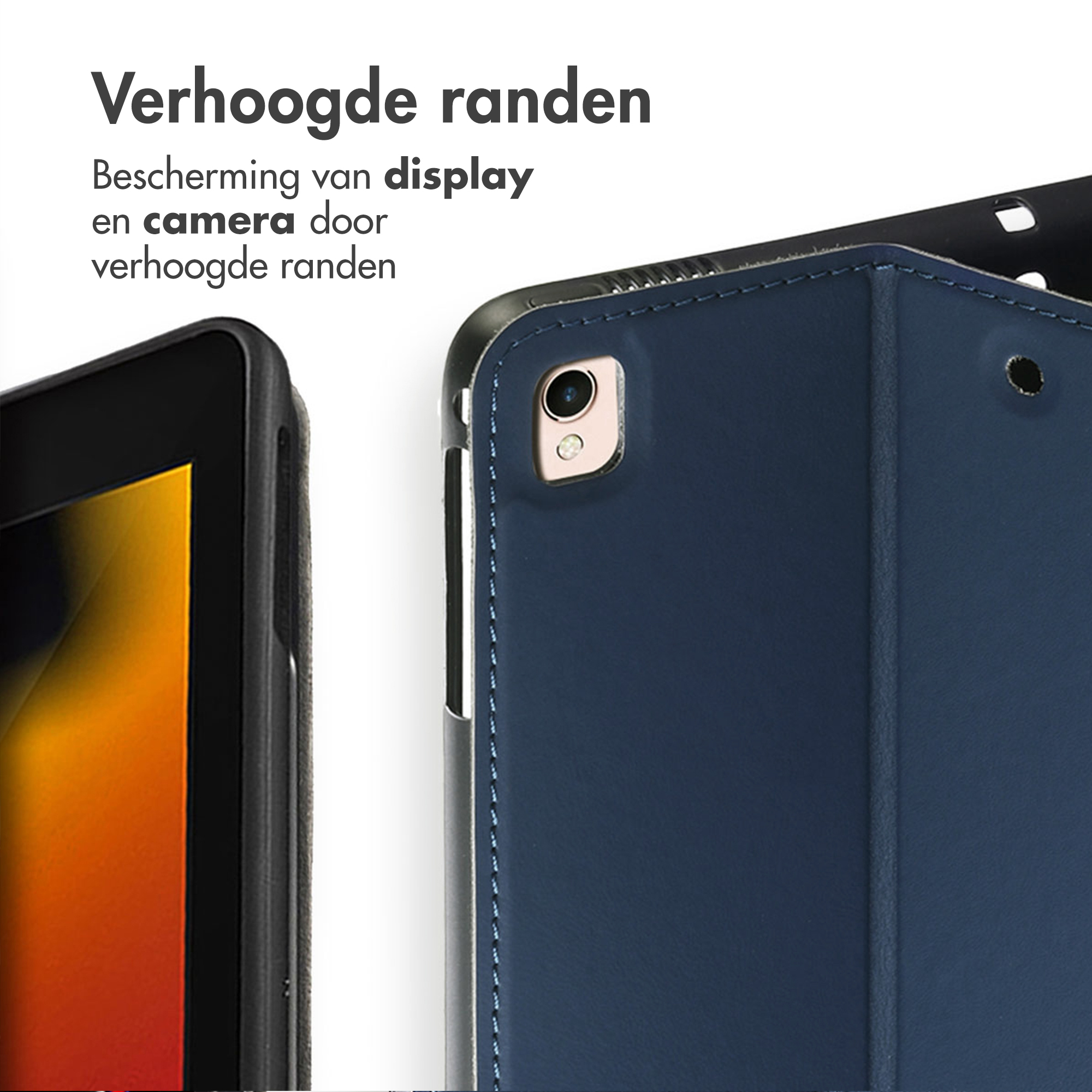 Close-up van een blauwe tablethoes met een deel van een scherm.