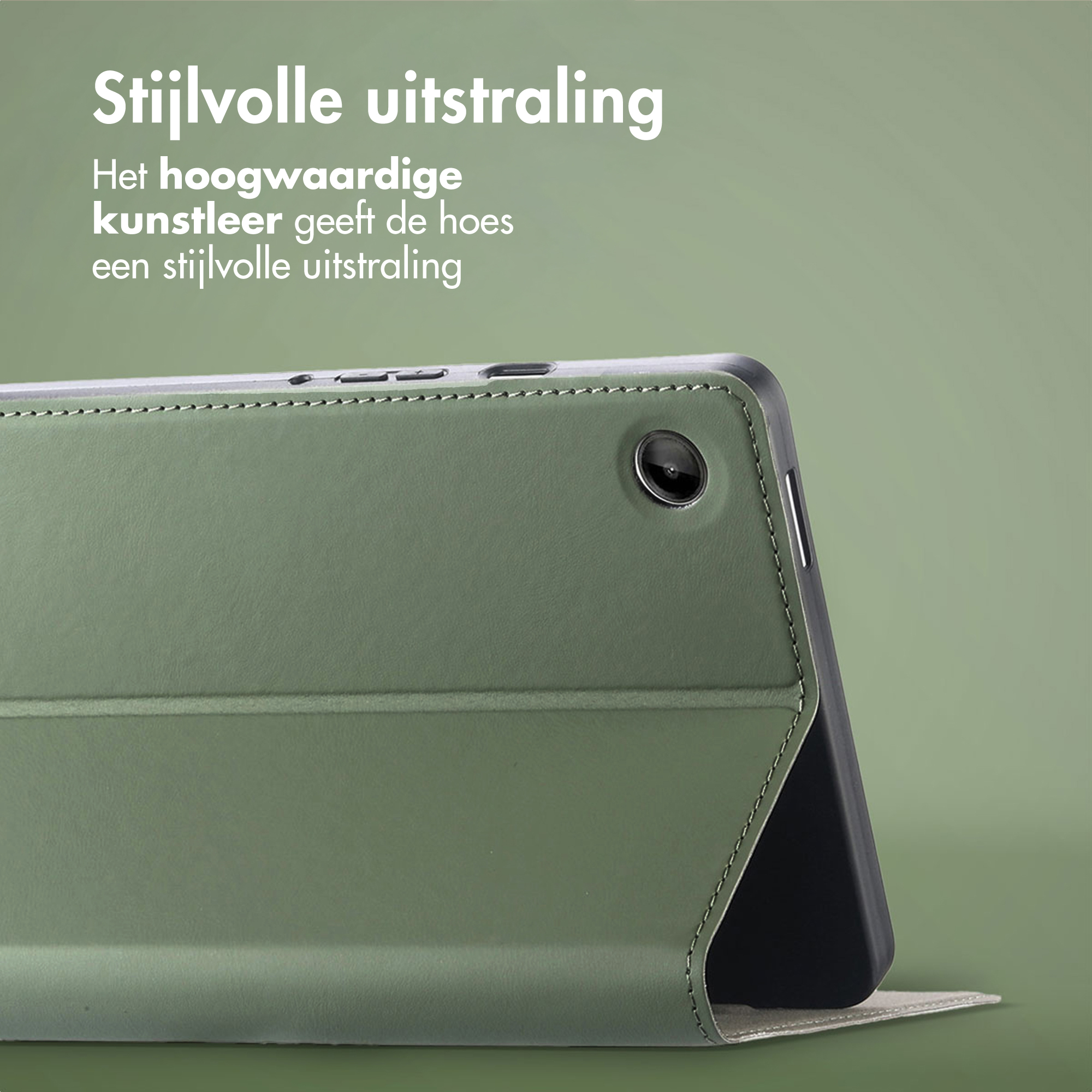 Green tablet in a leather case, rear camera visible.
