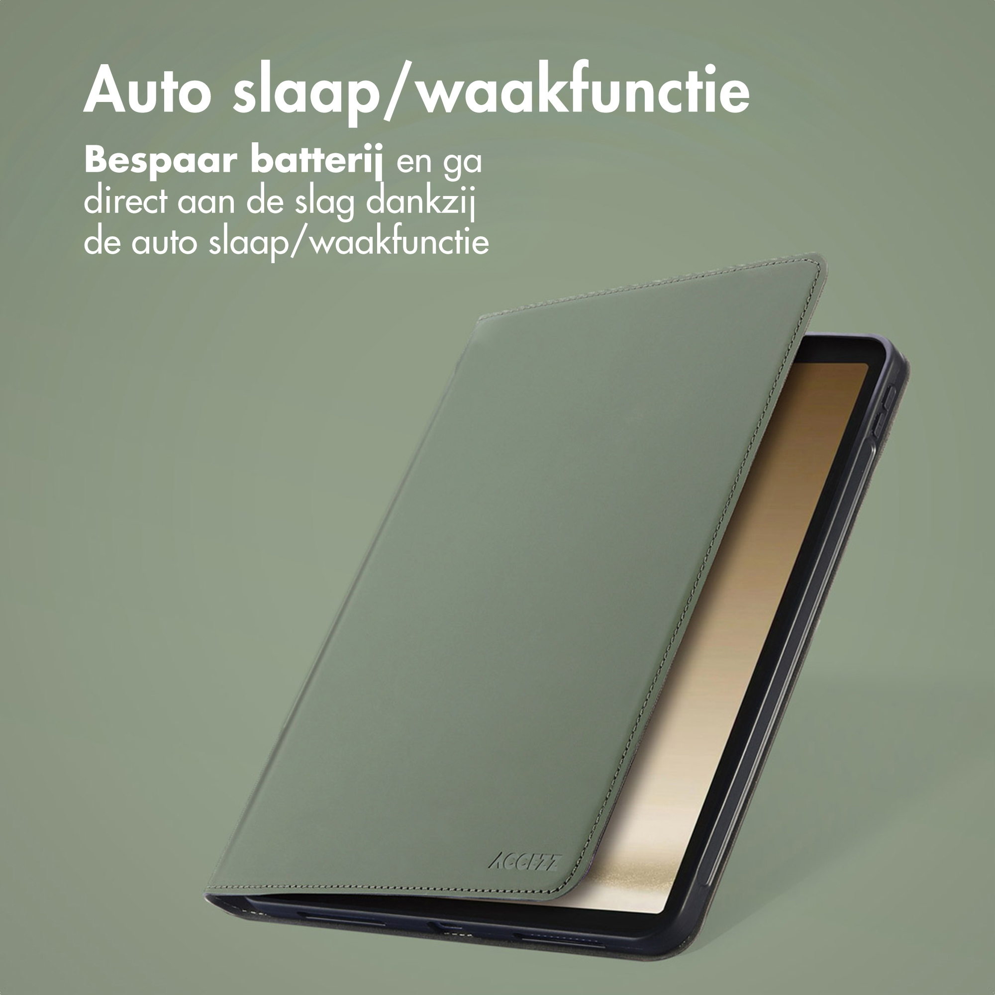 Green tablet case with auto sleep/wake function on a green background.